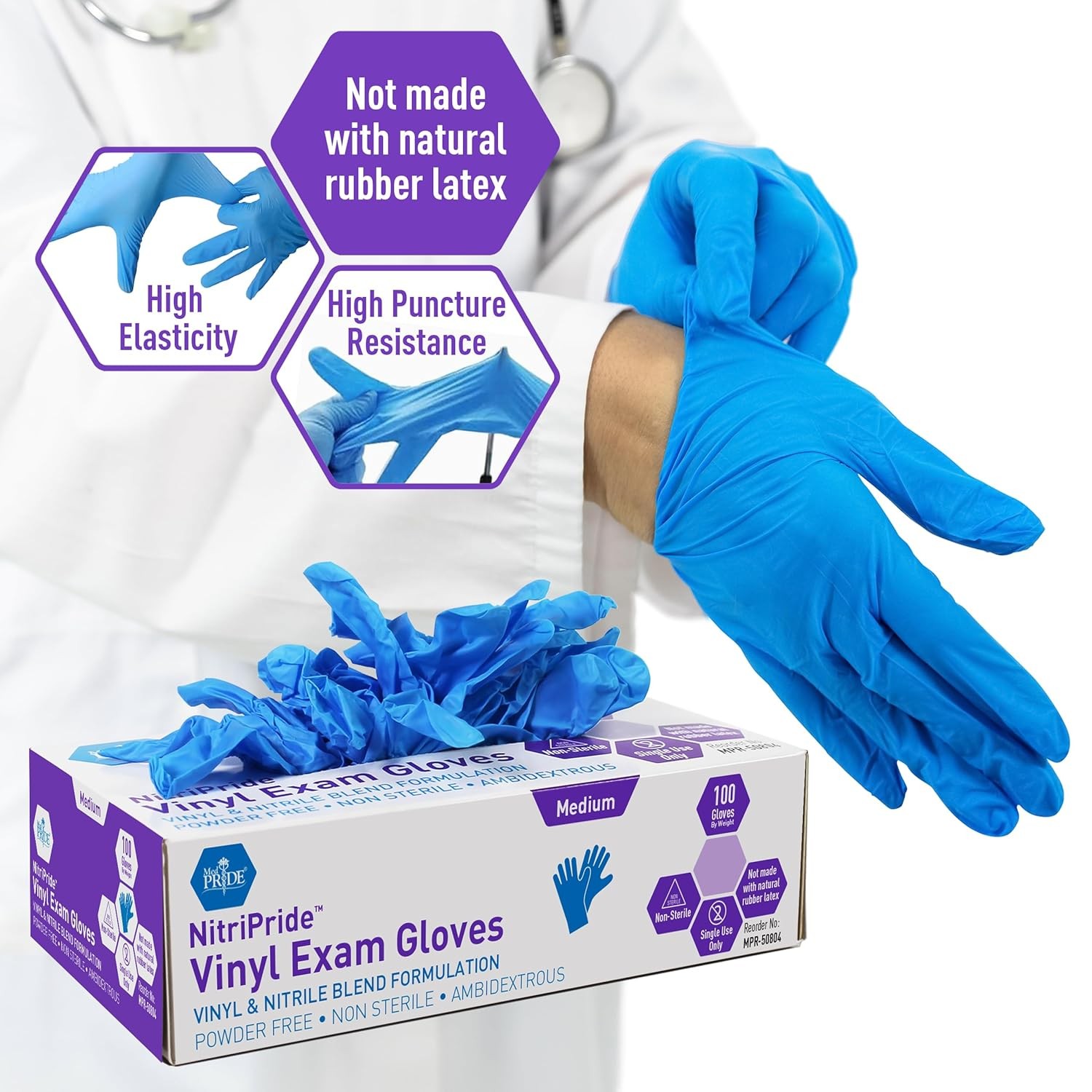 MED PRIDE Nitrile/Vinyl Blend Exam Gloves, Powder-Free, Latex-Free, Disposable,