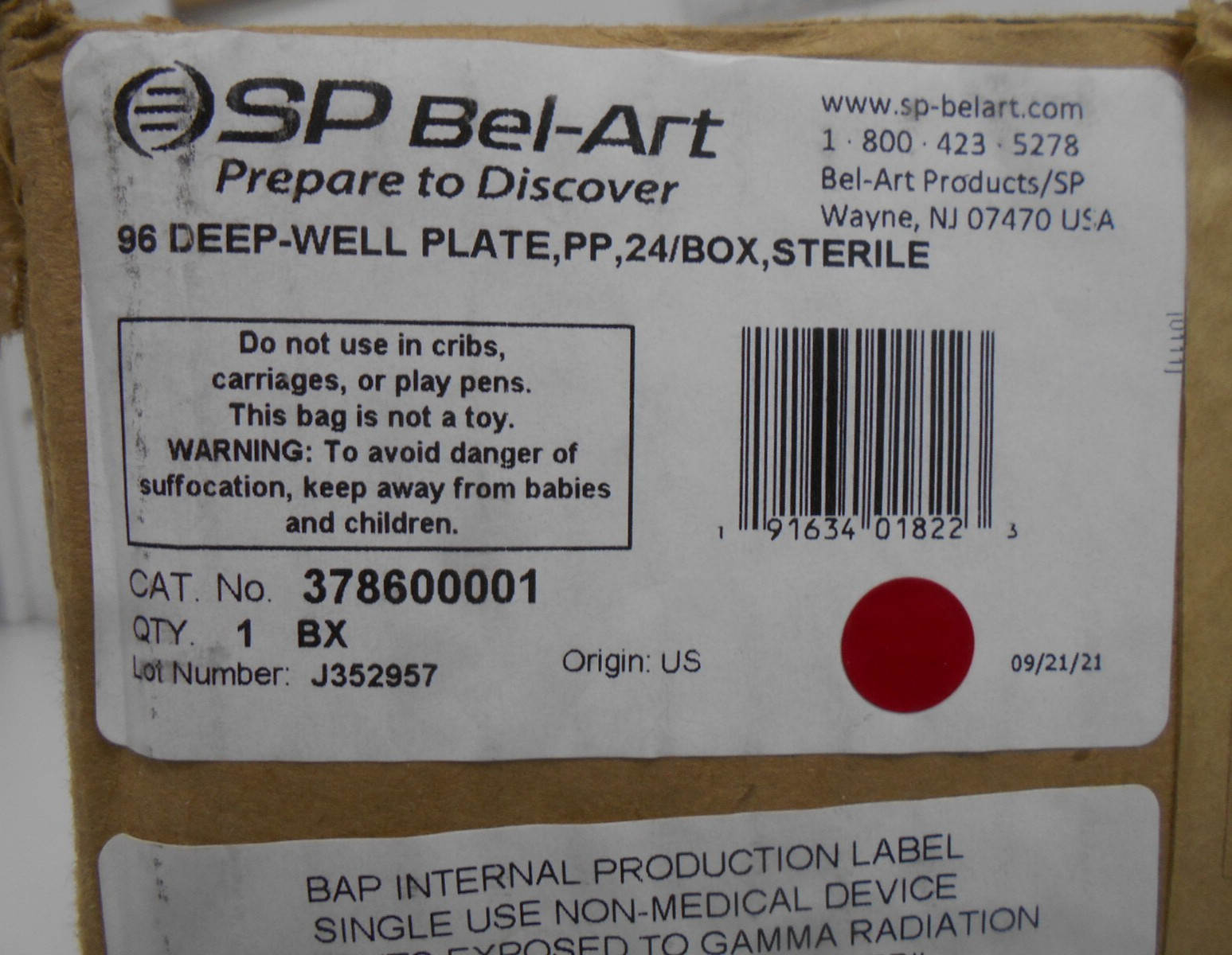 Bel-Art 378600001 96 Deep-Well Plate Polypropylene 24/Box Sterile
