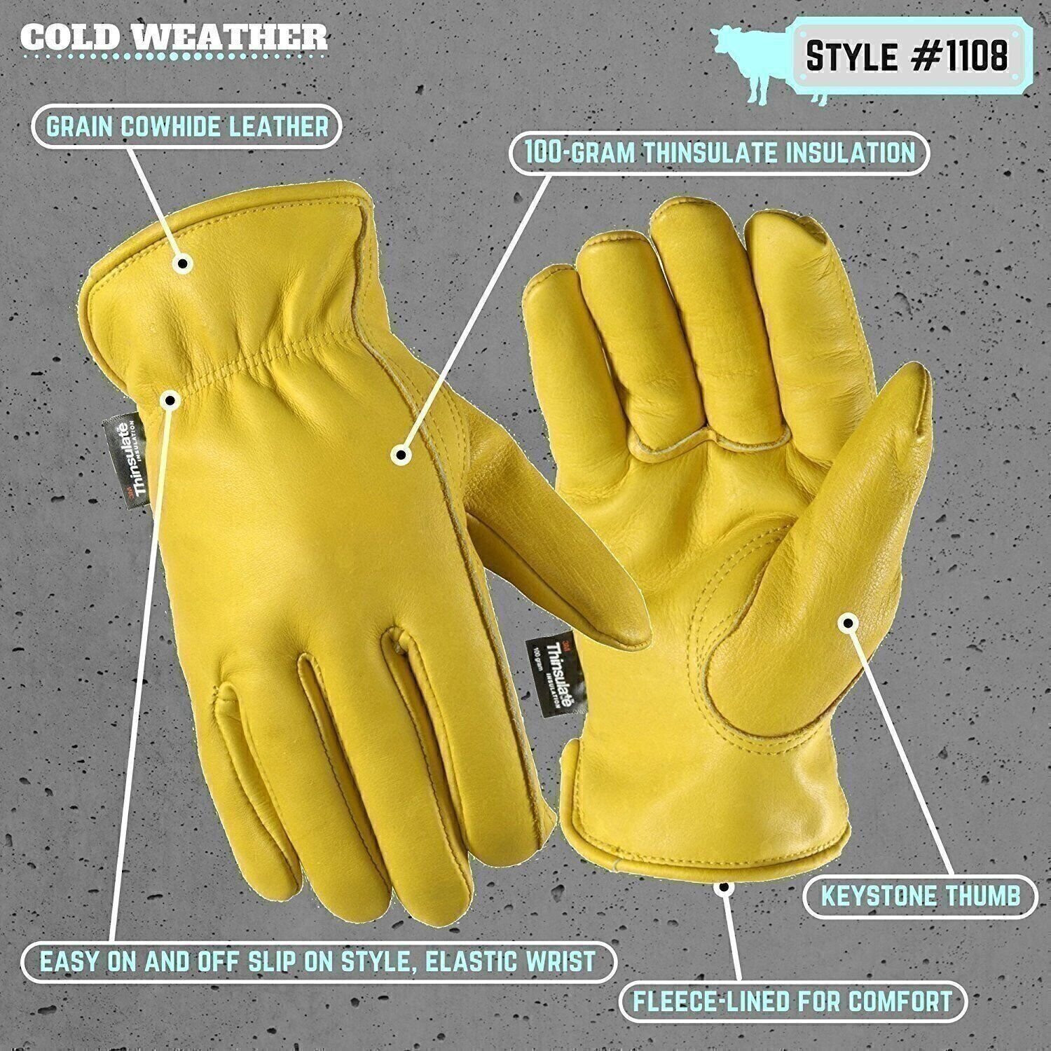 Men’s Winter Leather Work Gloves, 100-gram Thinsulate, Cowhide, Lined…