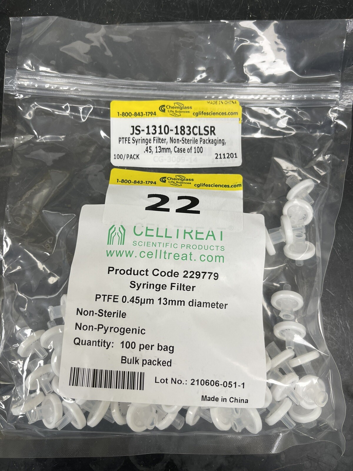 100pcs Lab PTFE Membrane Syringe Filter,0.45μm Pore Size13mm