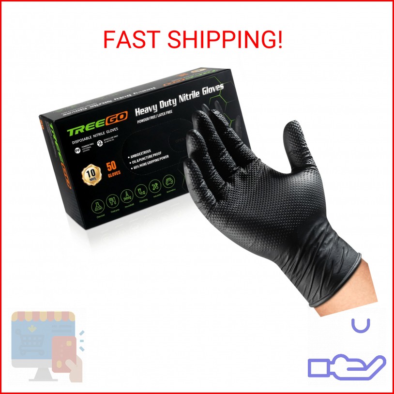 TREEGO 10 Mil Black Nitrile Gloves Heavy Duty — Diamond Texture Grip, Latex Free