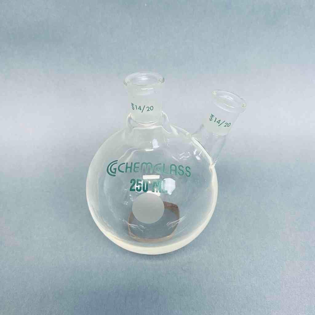Chemglass Round Bottom Flask 2 Neck 250 ml 14/20 Joints Angled Neck