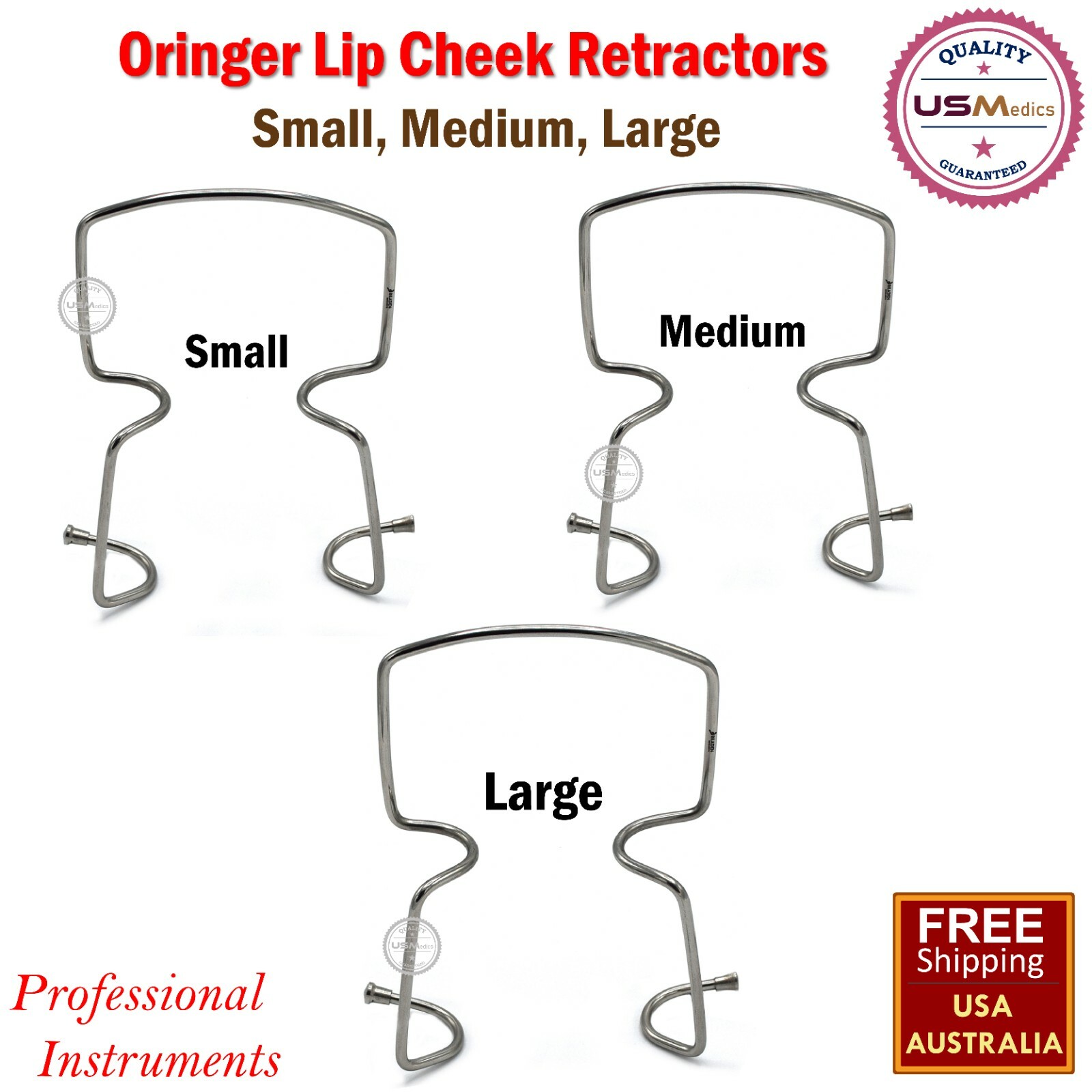 Oringer Lip Cheek Retractors Surgical Self Dental Retaining Metal Wire 3 Sizes