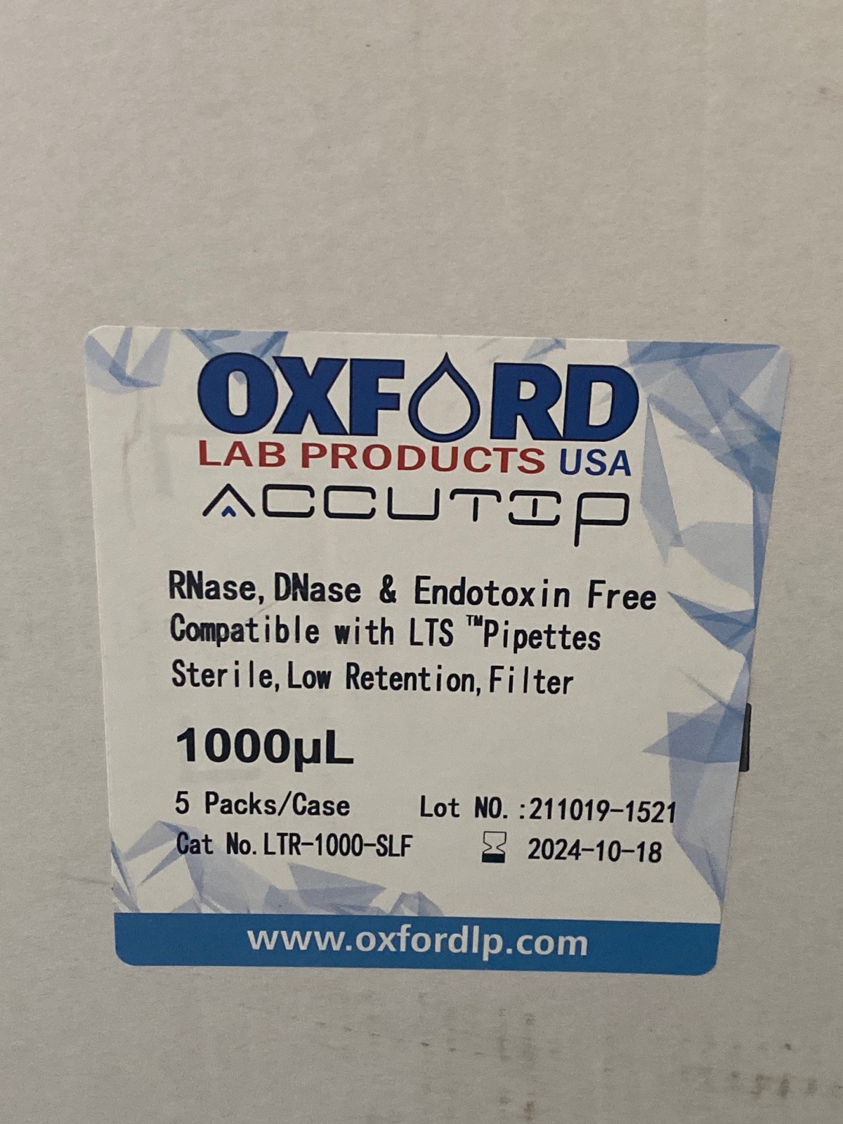 (4800/Cs) OXFORD Accutip 1000uL LTS Low Retention Filter Pipet Tips LTR-1000-SLF
