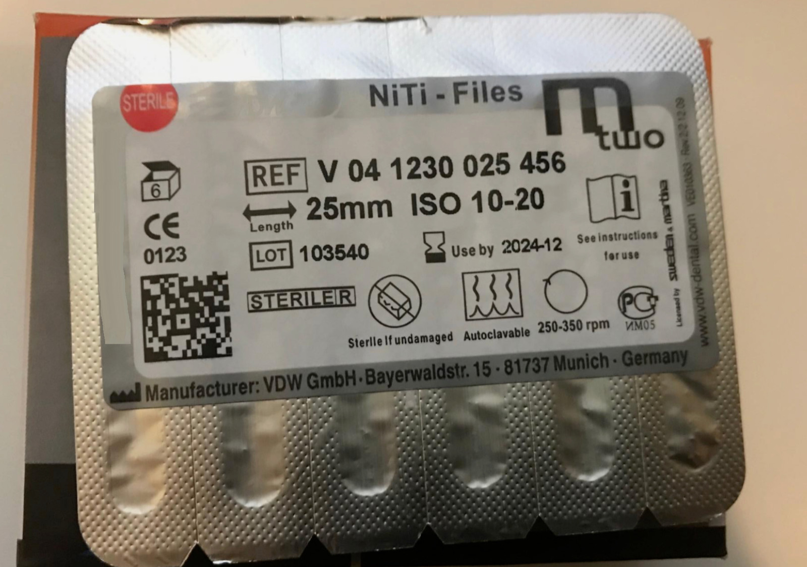 VDW M.TWO NiTi ROTORY FILE FOR ROOT CANAL PREP – 25mm or 21mm 10-20.