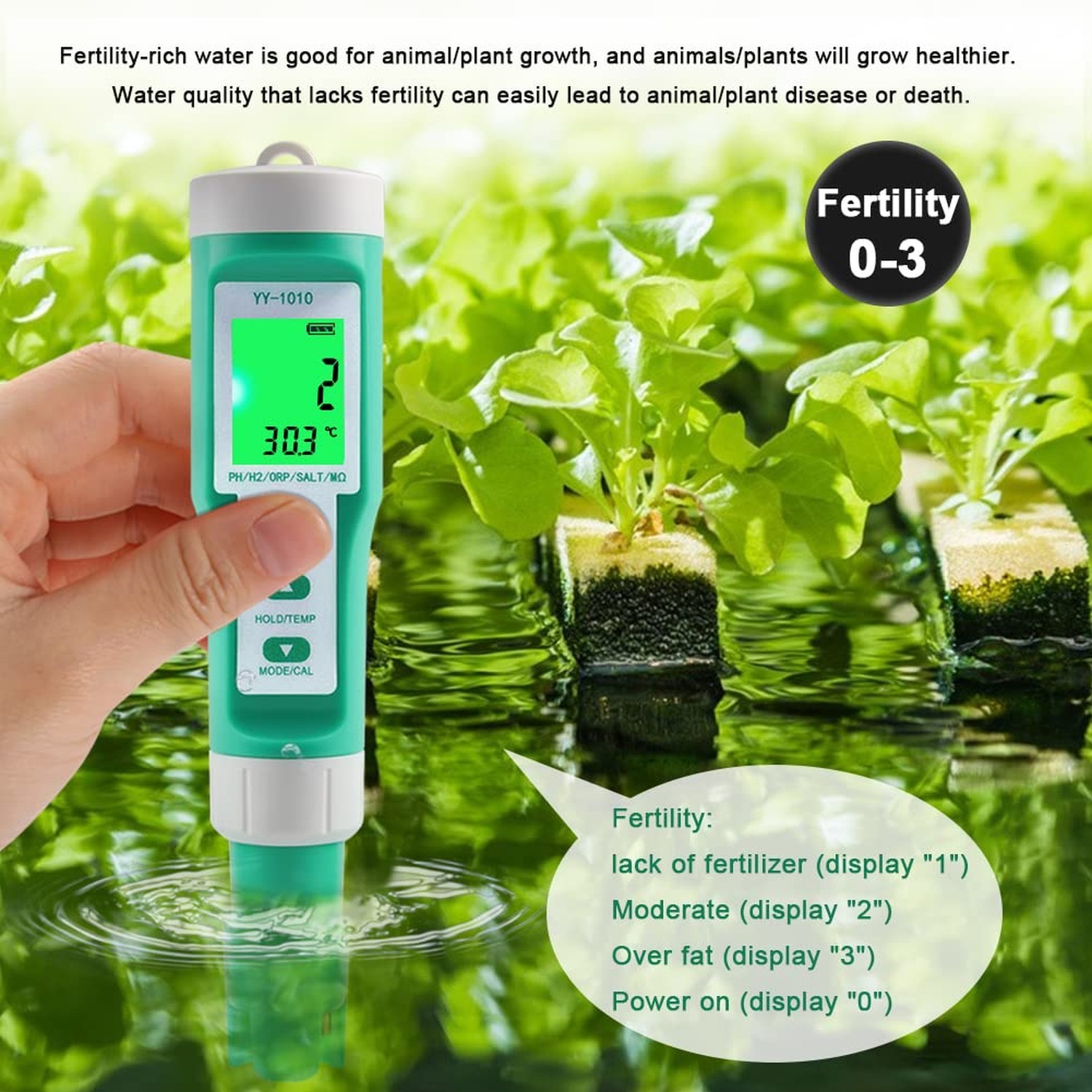 Hydrogen Water Tester 10 in 1 Resistivity/Fertility/H2/pH/TDS/EC/ORP/S.G/Salt…