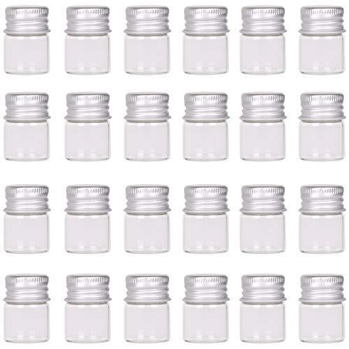 MaxMau Mini Glass Bottles with Screw Caps 5ml 24 Sets Aluminum Top Metal Lids 5
