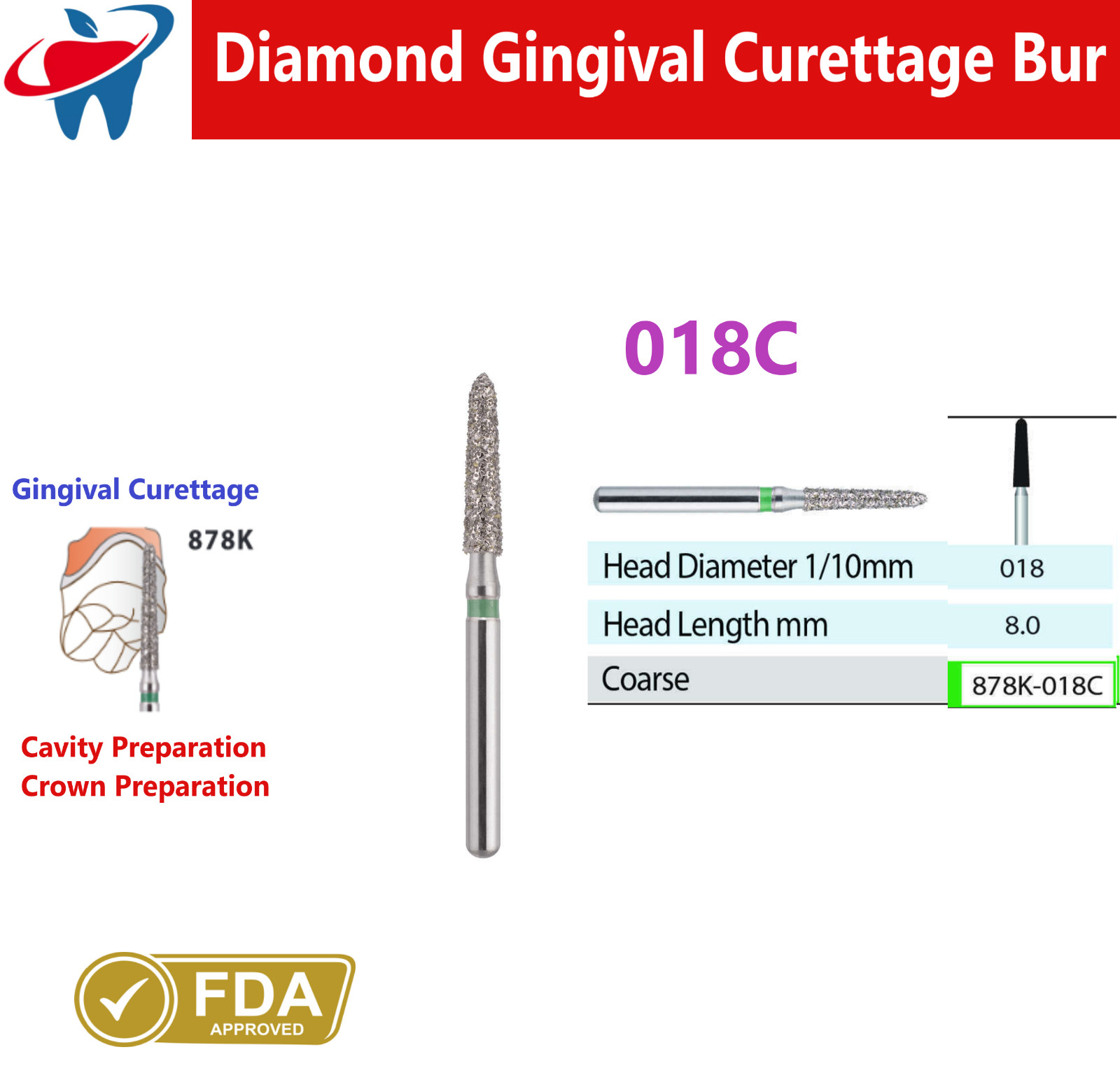 Dental Diamond Burs FG Gingival Curettage Coarse Grit High Speed 878K.018C, 5/Pk