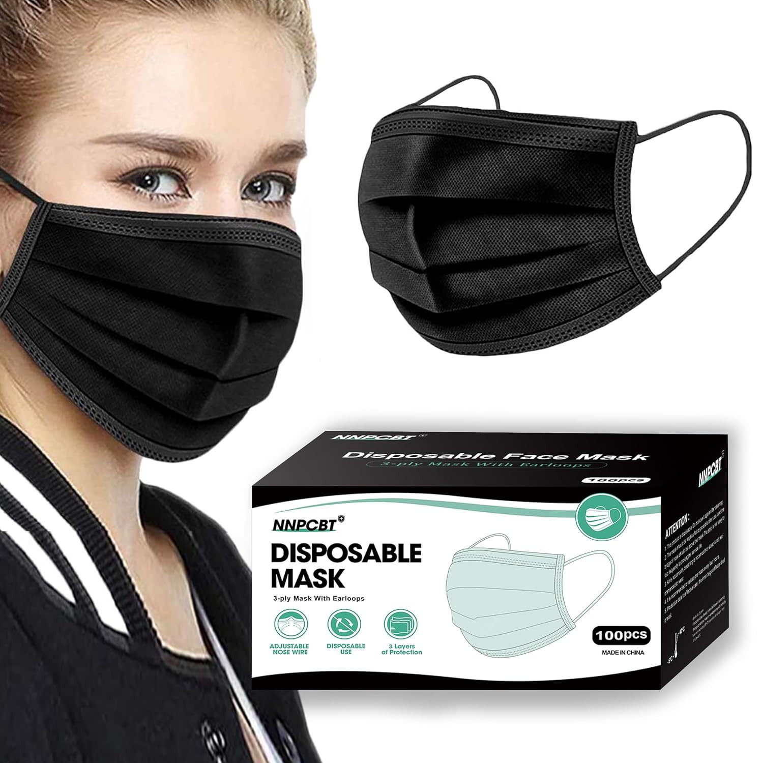 100‑Pack Black 3‑Ply Disposable Protective Face Mask • Breathable Earloop