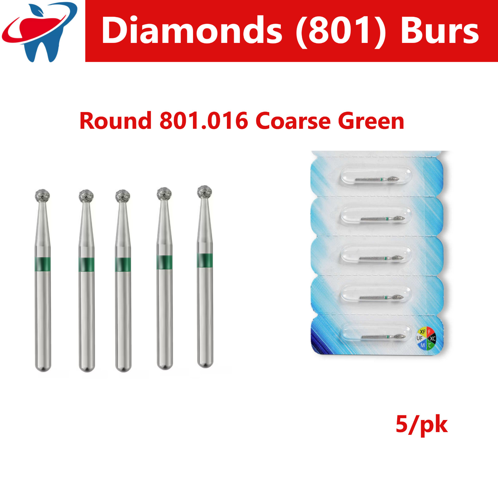 Dental Burs Diamond FG High Speed Bur Round End 801 016C, Coarse 5/pk Taper Ball