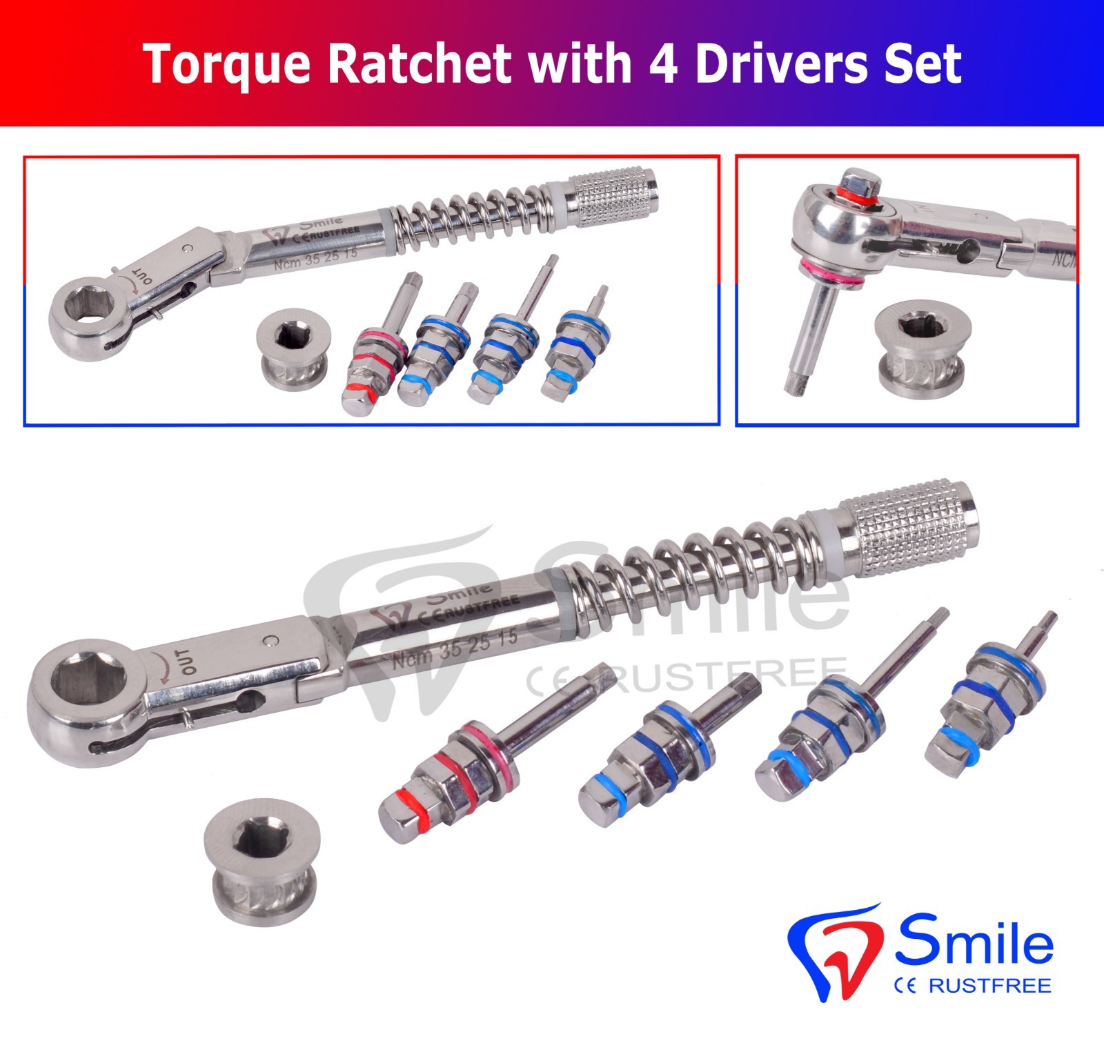 Dental Implant Torque Wrench Ratchet 10-40Ncm & 4 x Drivers Set New Smile Dental