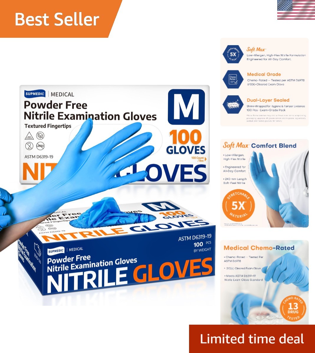 Medical Soft Max Blue Nitrile Exam Gloves, 100 Count, Latex-Free & Powder-Free