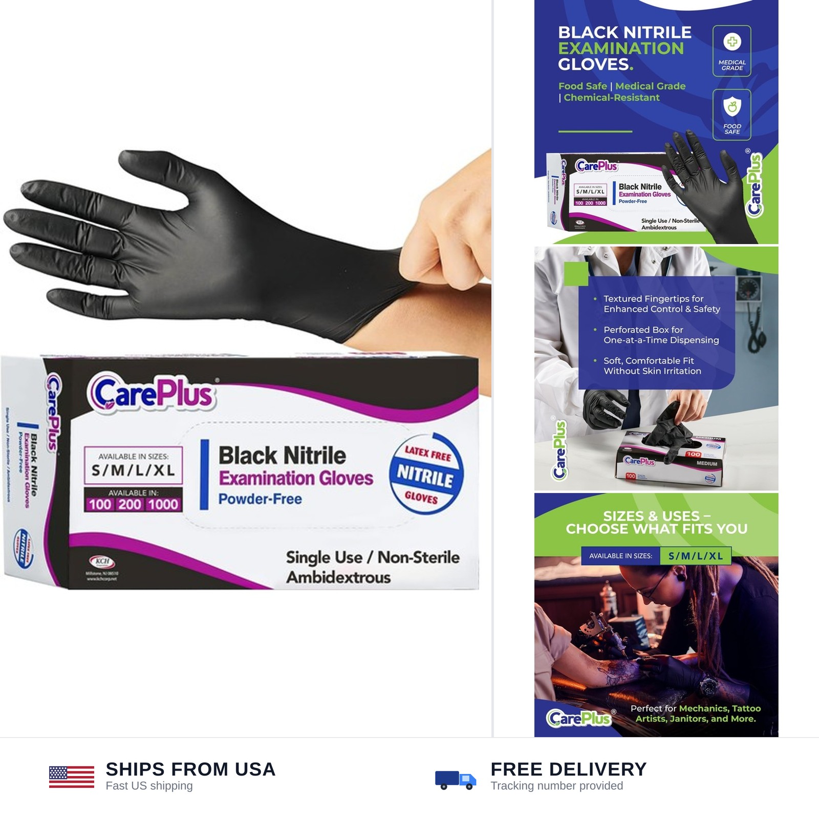 CARE PLUS Nitrile Gloves for Medical Use – Powder & Latex-Free – Black/Blue -…