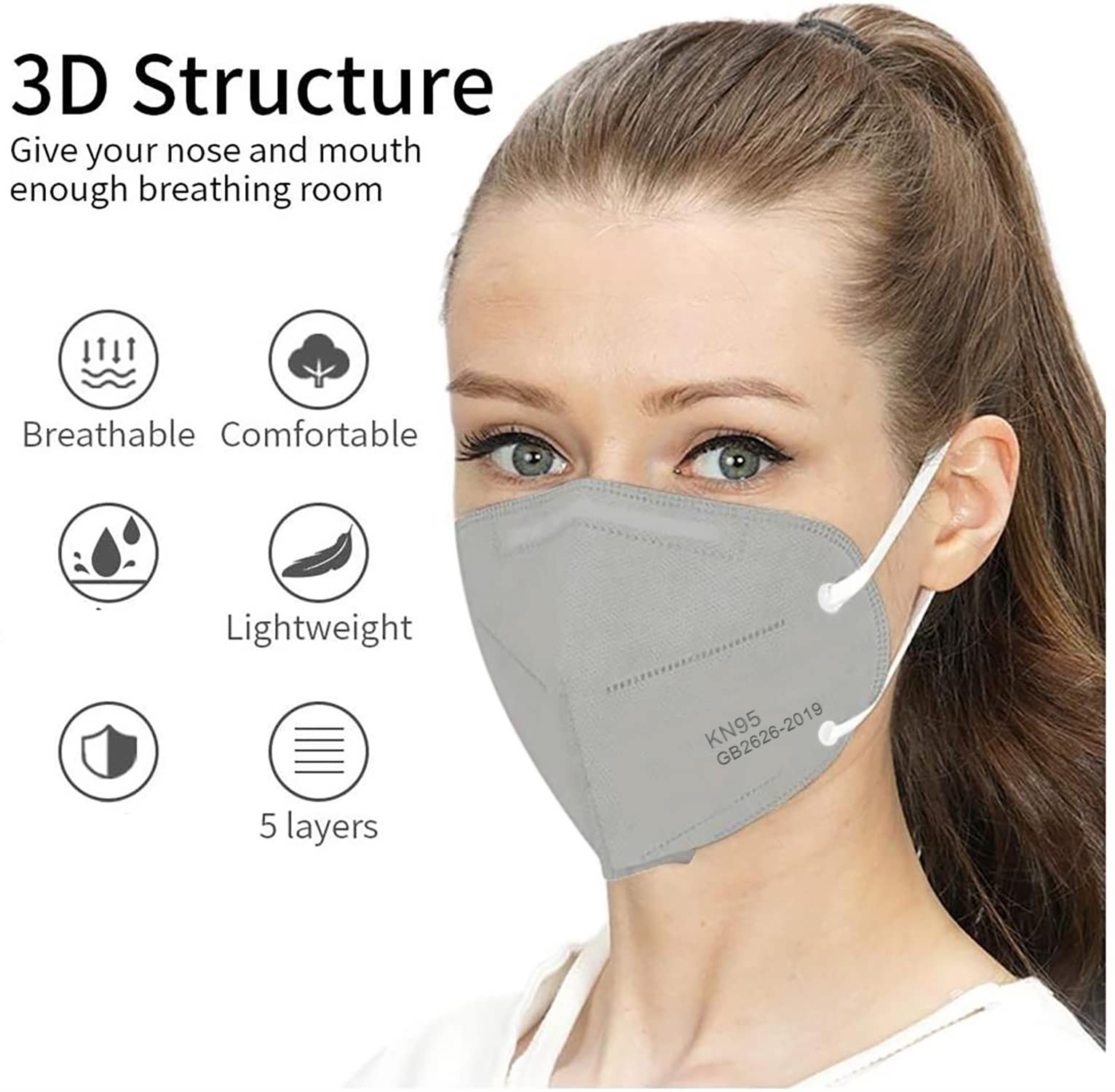 50PCS KN95 Face Mask 5 Layer Cup Dust Safety Masks Breathable Elastic Ear Loo…