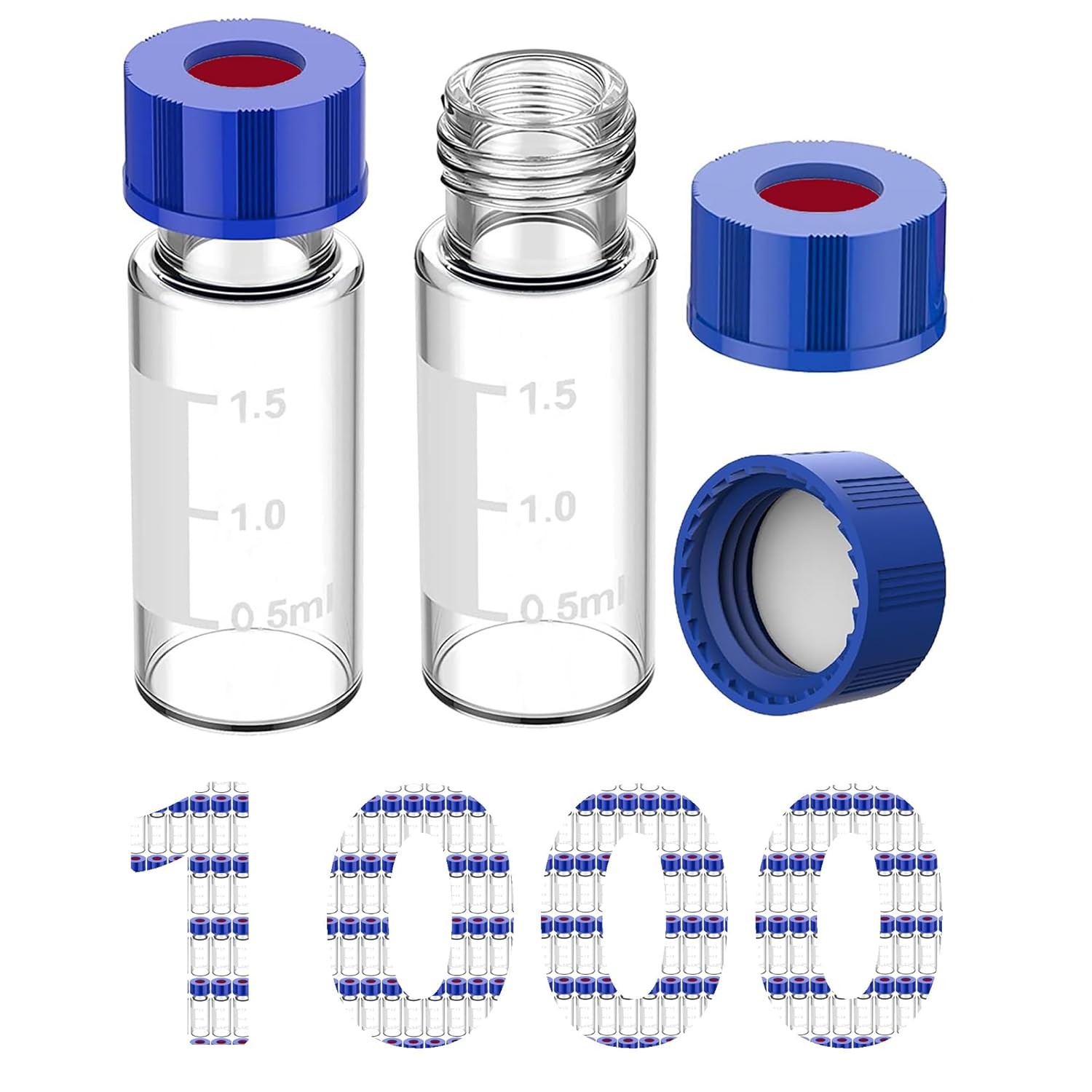 2mL Autosampler Vials 1000pcs for LC, GC-MS, Lab 9-425 Screw Caps Clear/Amber
