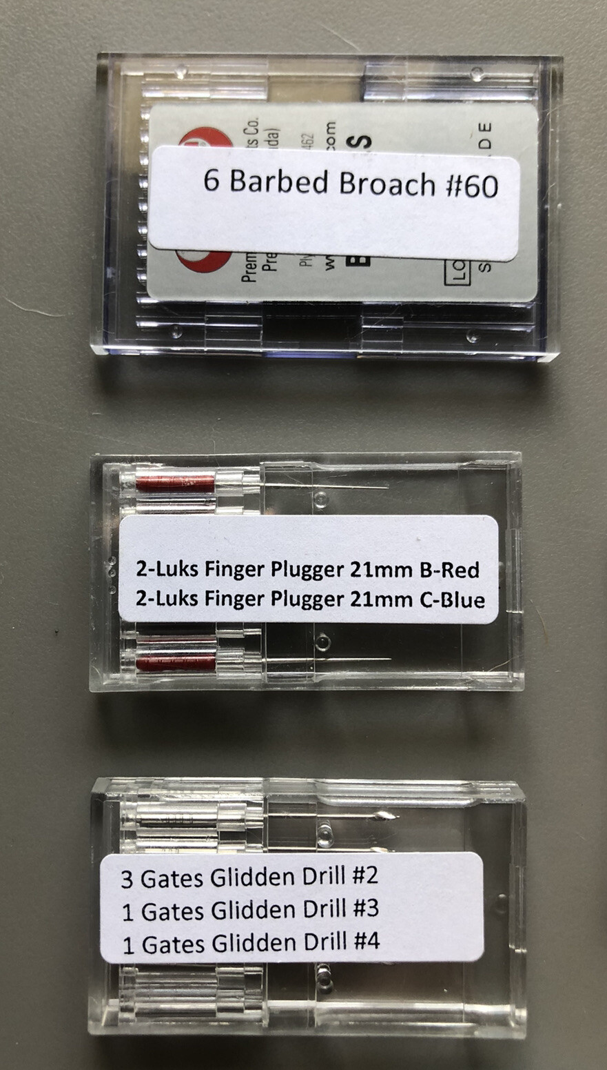 Endo K Files, Pluggers, Barbed Broaches, Gates Glidden and Peeso Drills