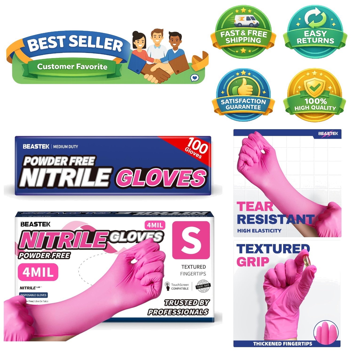 Stylish Hot Pink Nitrile Gloves, 100ct – Waterproof, Latex-Free for All Tasks