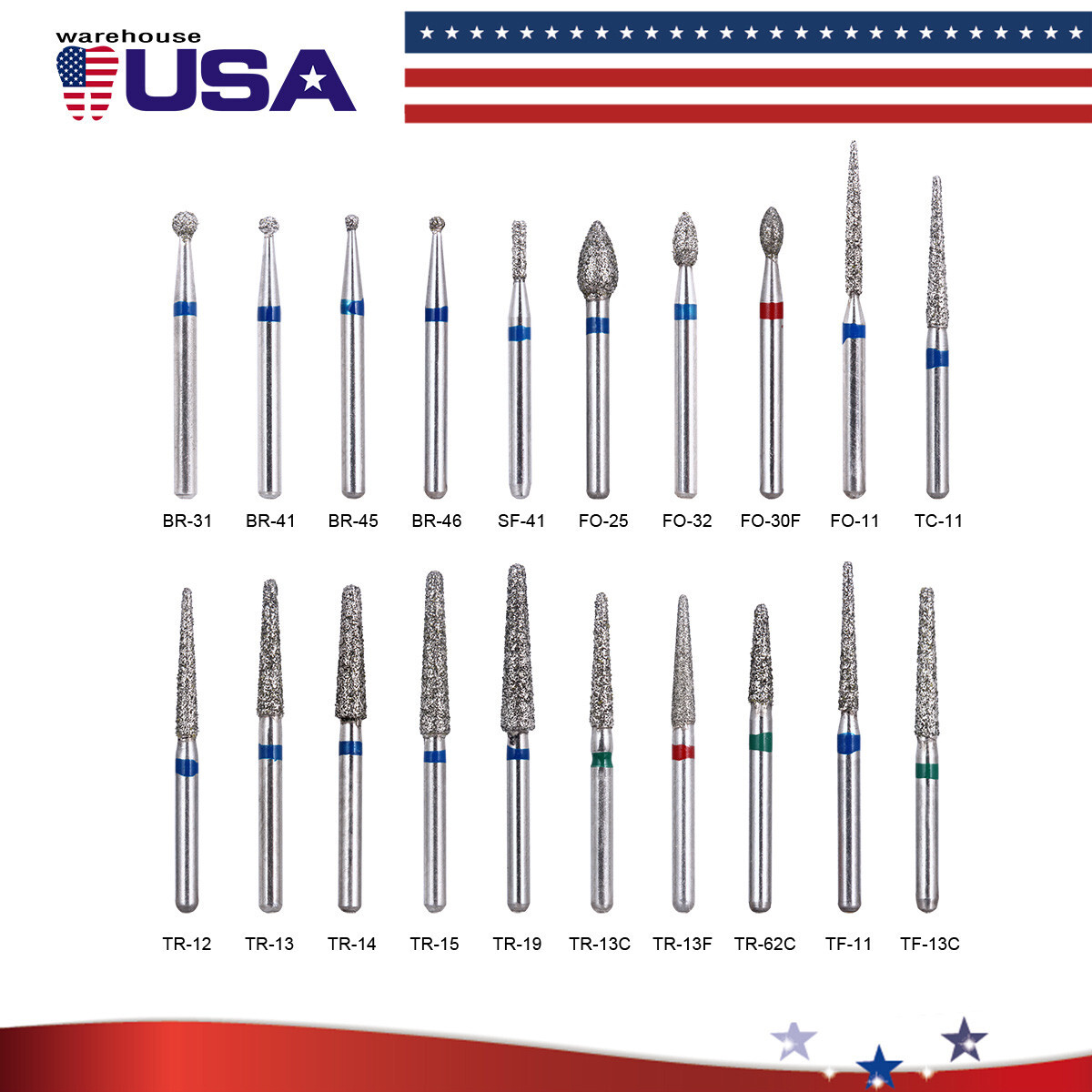 100Pcs AZDENT Dental Diamond Burs High Speed Handpiece FG 1.6MM Friction Grip