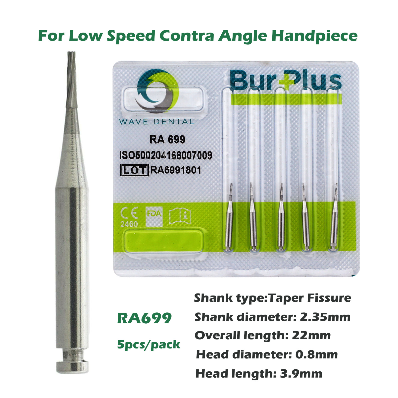Wave Dental Carbide Bur for Low Speed Contra Angle Latch RA702 699 Taper Fissure