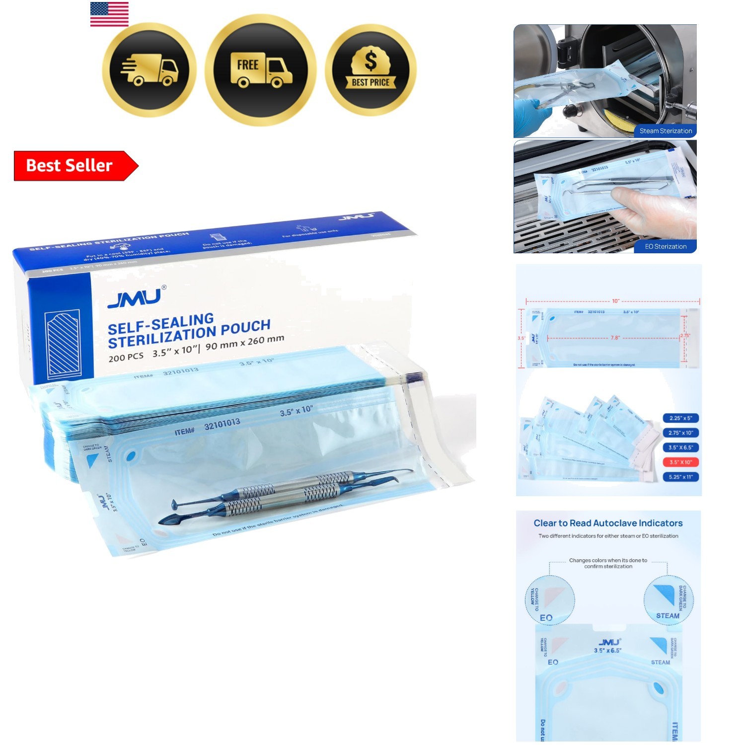 Self Seal Sterilization Pouches 3.5″ x 10″, Sterilization Bags 200 per Box