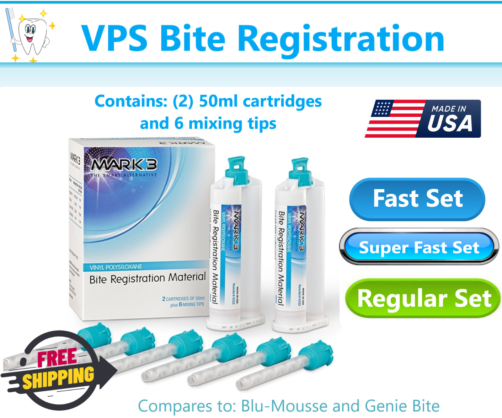 Dental VPS Impression Material Bite Registration 2X 50ml Cartridges & 6 HP Tips