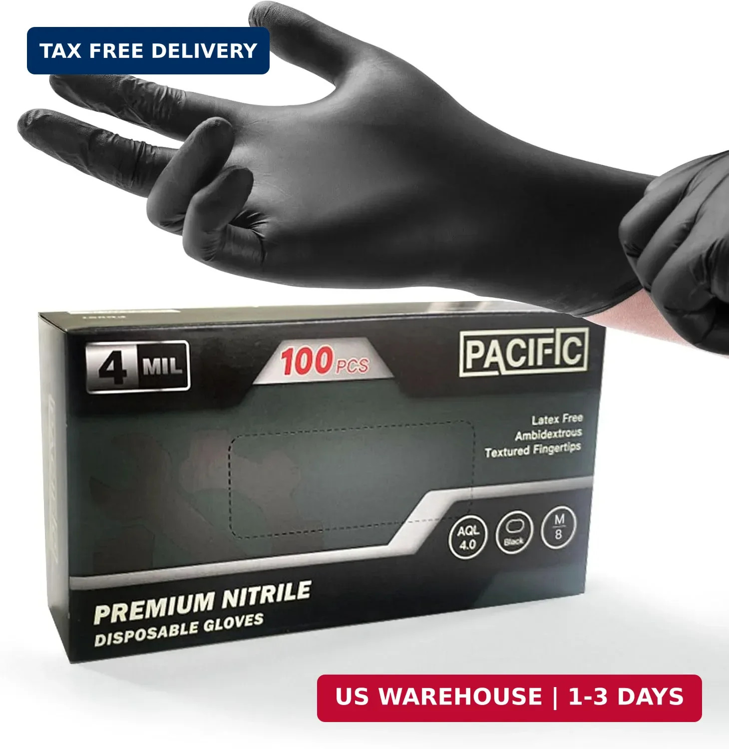 PACIFIC PPE 4 mil Black Nitrile Disposable Gloves, Food-Safe, Latex-Free, Cleani