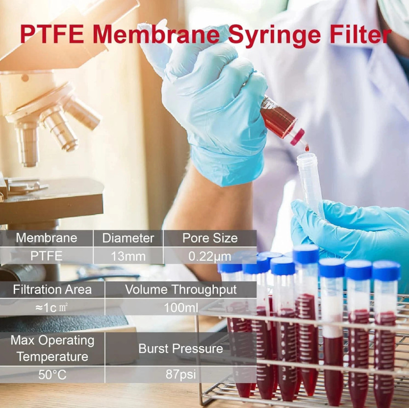 100PCS PTFE Syringe Filter 0.22µm 13mm Sterile Hydrophobic Filtration PTFE, New