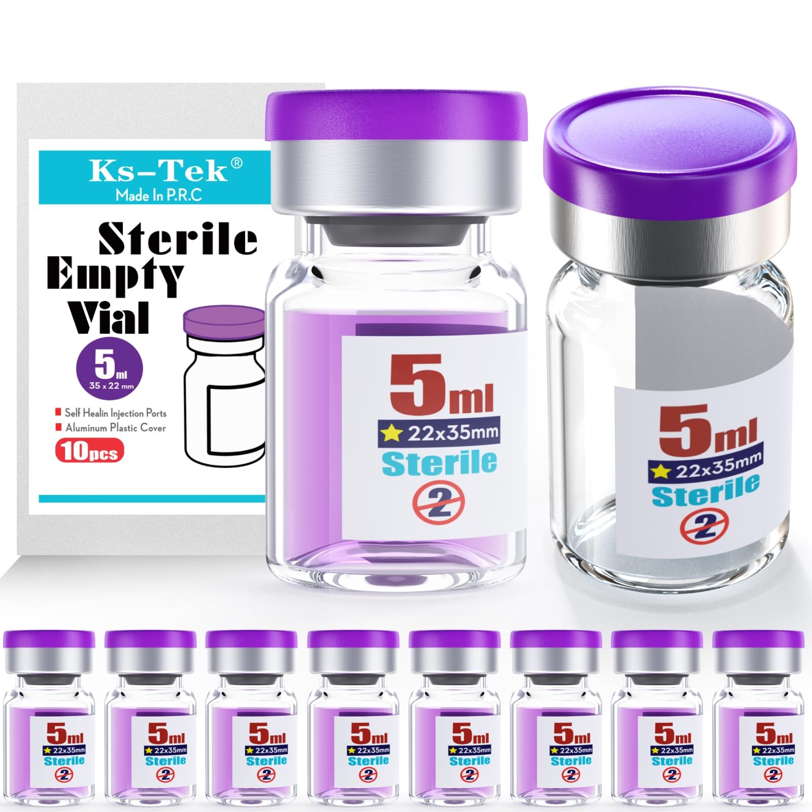 KsTek Sterile Empty Vials with Self Healing Injection Port,with Flip Off Alum…