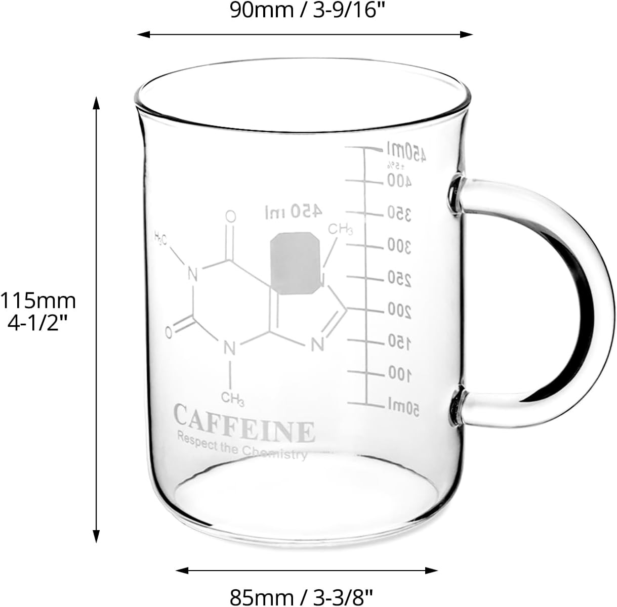 Caffeine Beaker Mug 2 Pck Borosilicate Glass 16oz 450ml Chemistry Coffee Science