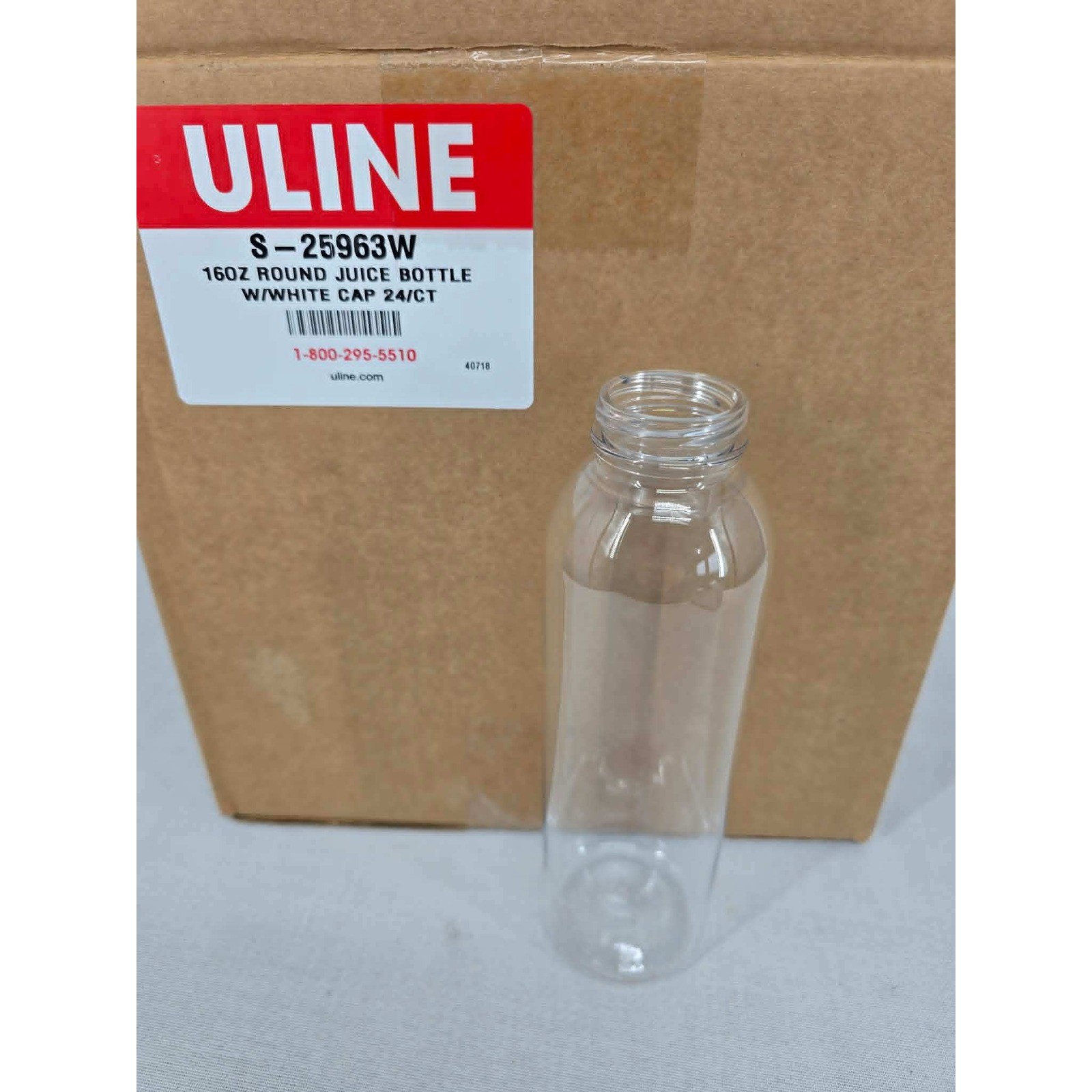 Uline S-25963W 16oz Round Juice Bottles with White Caps 24 Count Clear Plastic