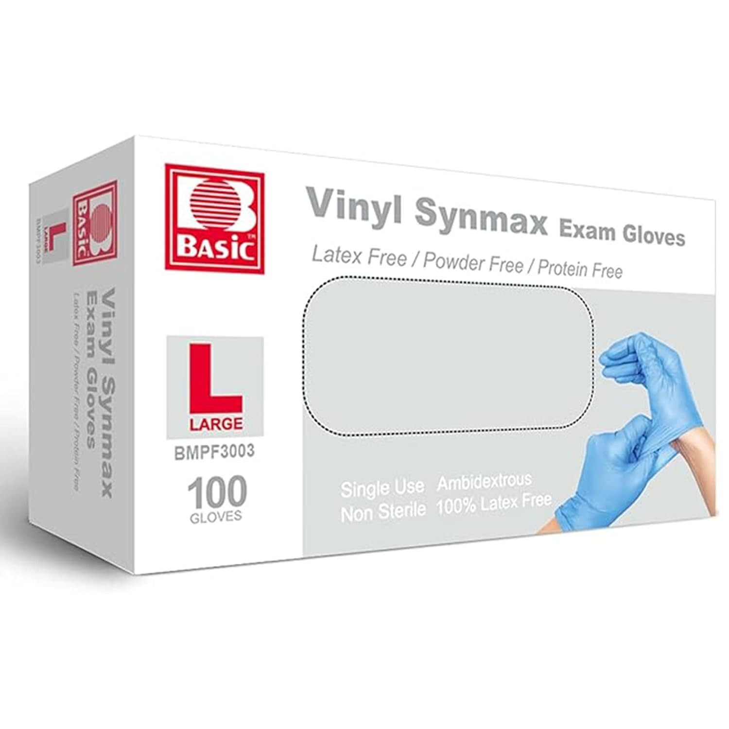 Basic Medical Vinyl Exam Gloves BMPF 3003 Lg, Latex-Free, Powder-Free, 100 Ct
