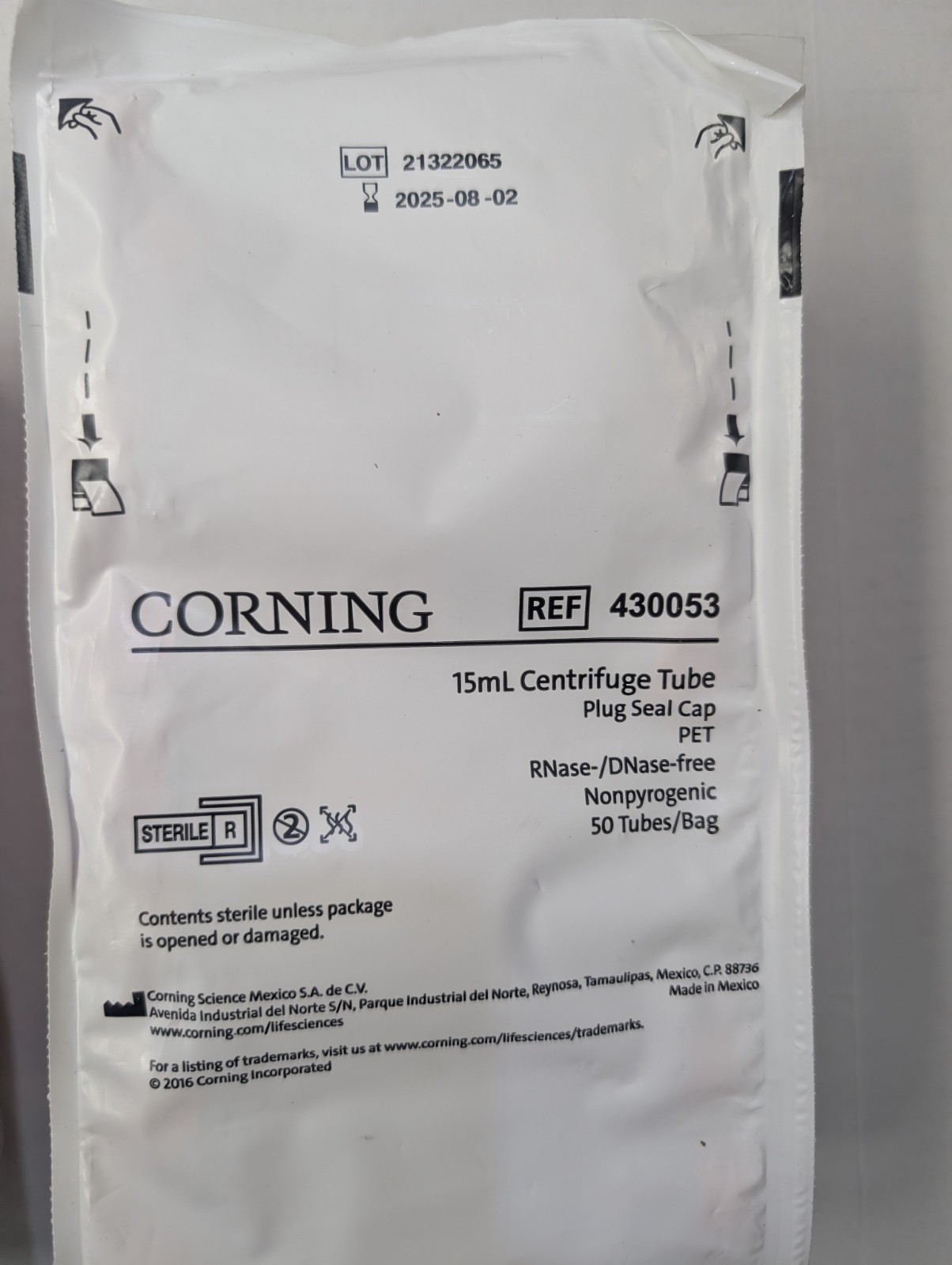 Corning 430053 15mL Centrifuge Tubes 200ct Sealed Bags EXP 08/2025 Bulk PET