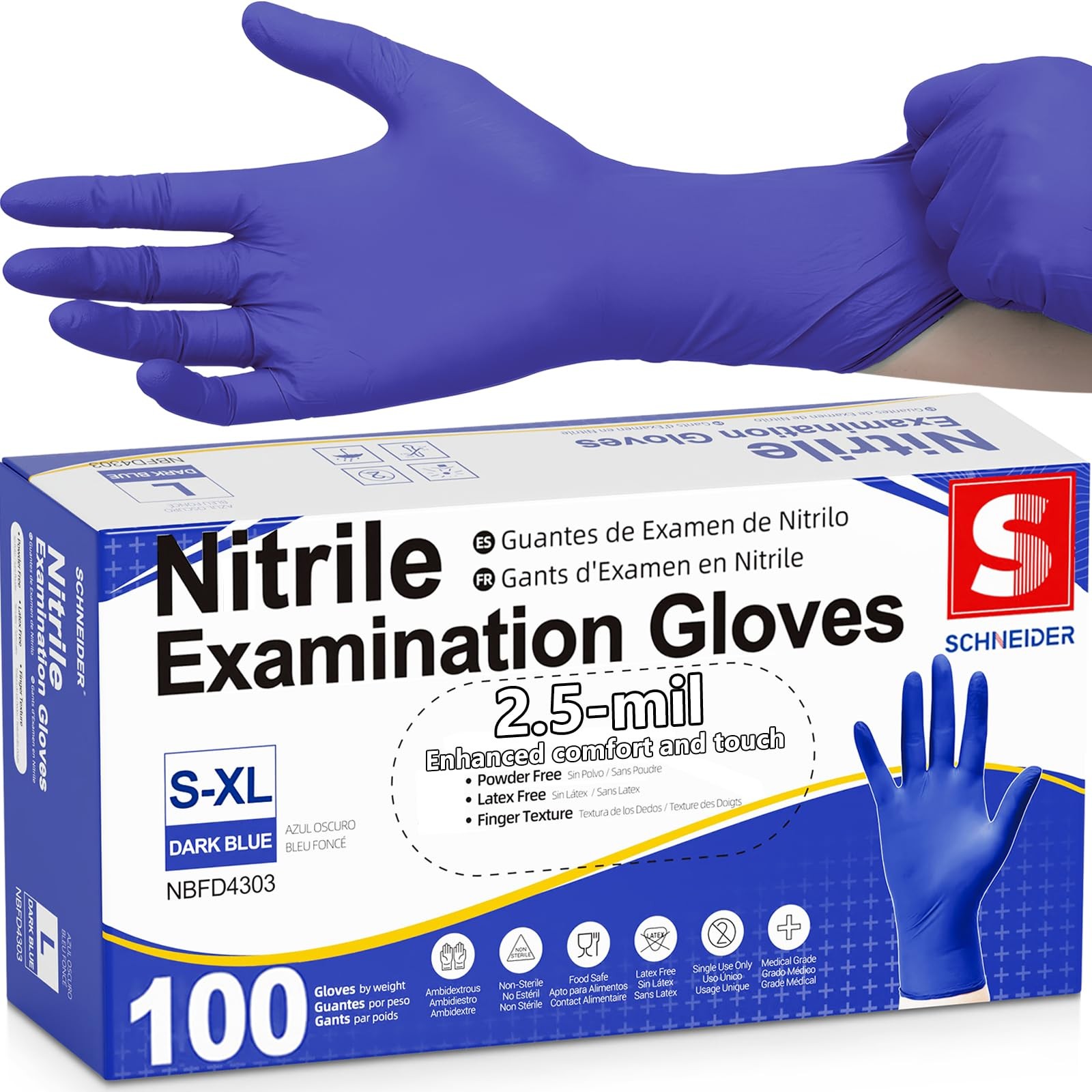 Schneider Medical Nitrile Exam Gloves, Dark Blue, Disposable Medium, Blue