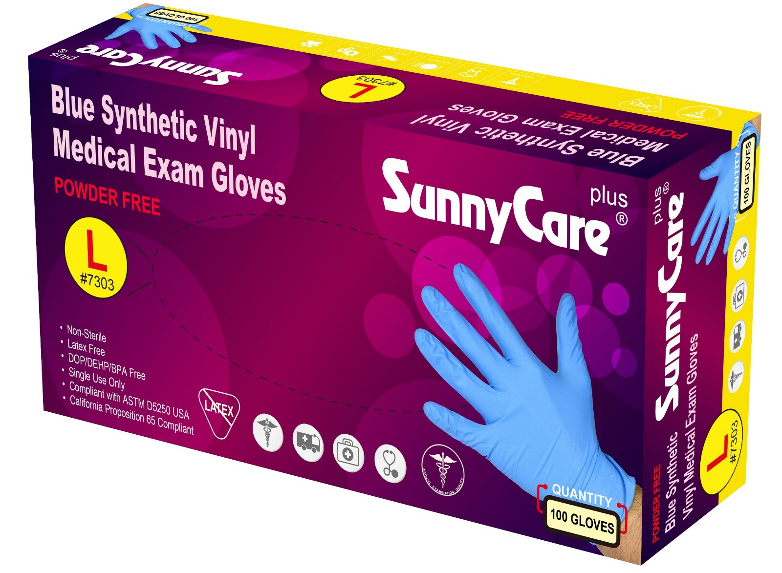 100/box SunnyCare Blue Vinyl Synthetic Exam Gloves (Latex Nitrile Free) Size: L