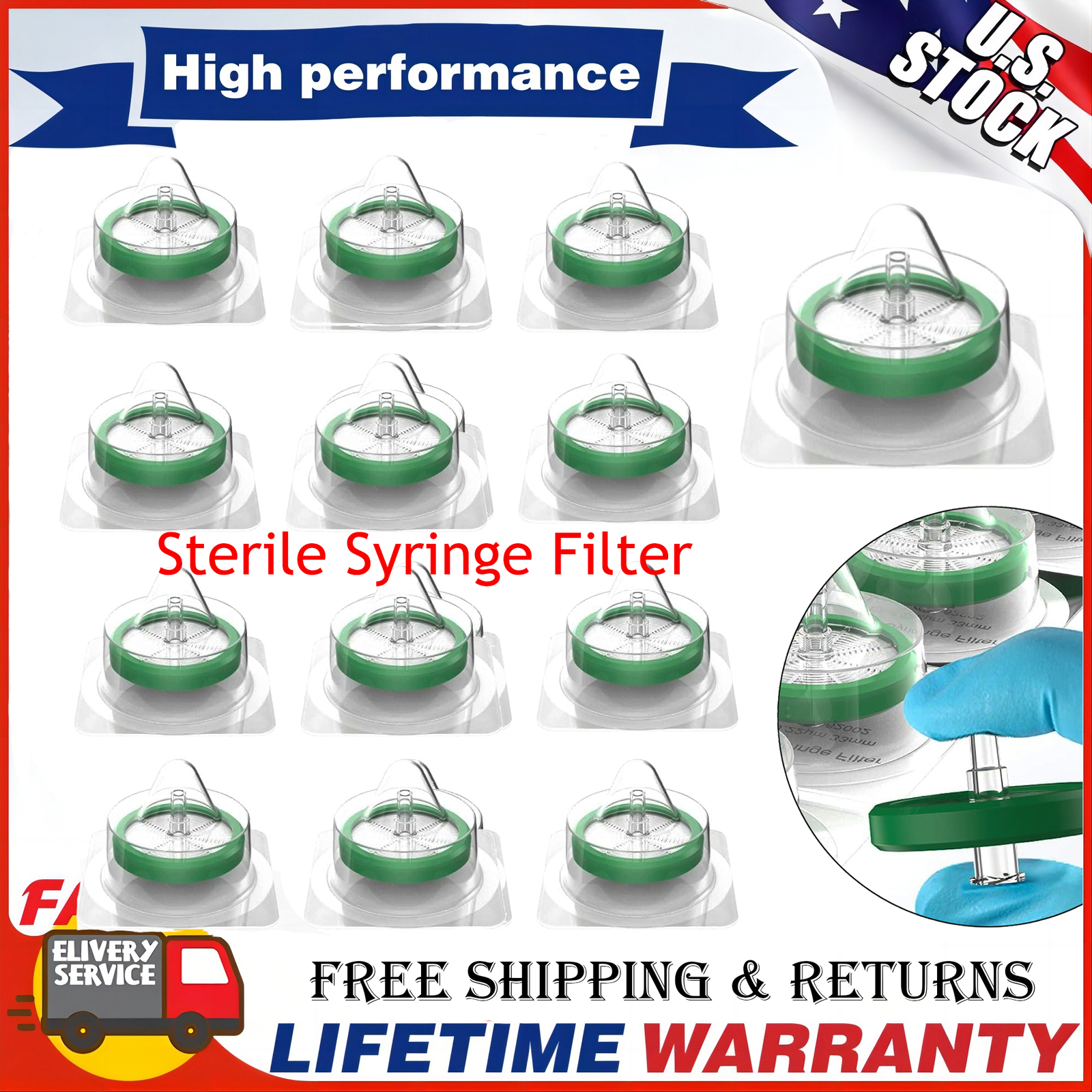 50 Pack Sterile Syringe Filter 33mm 0.22 Micron PES Membrane Hydrophilic Filter