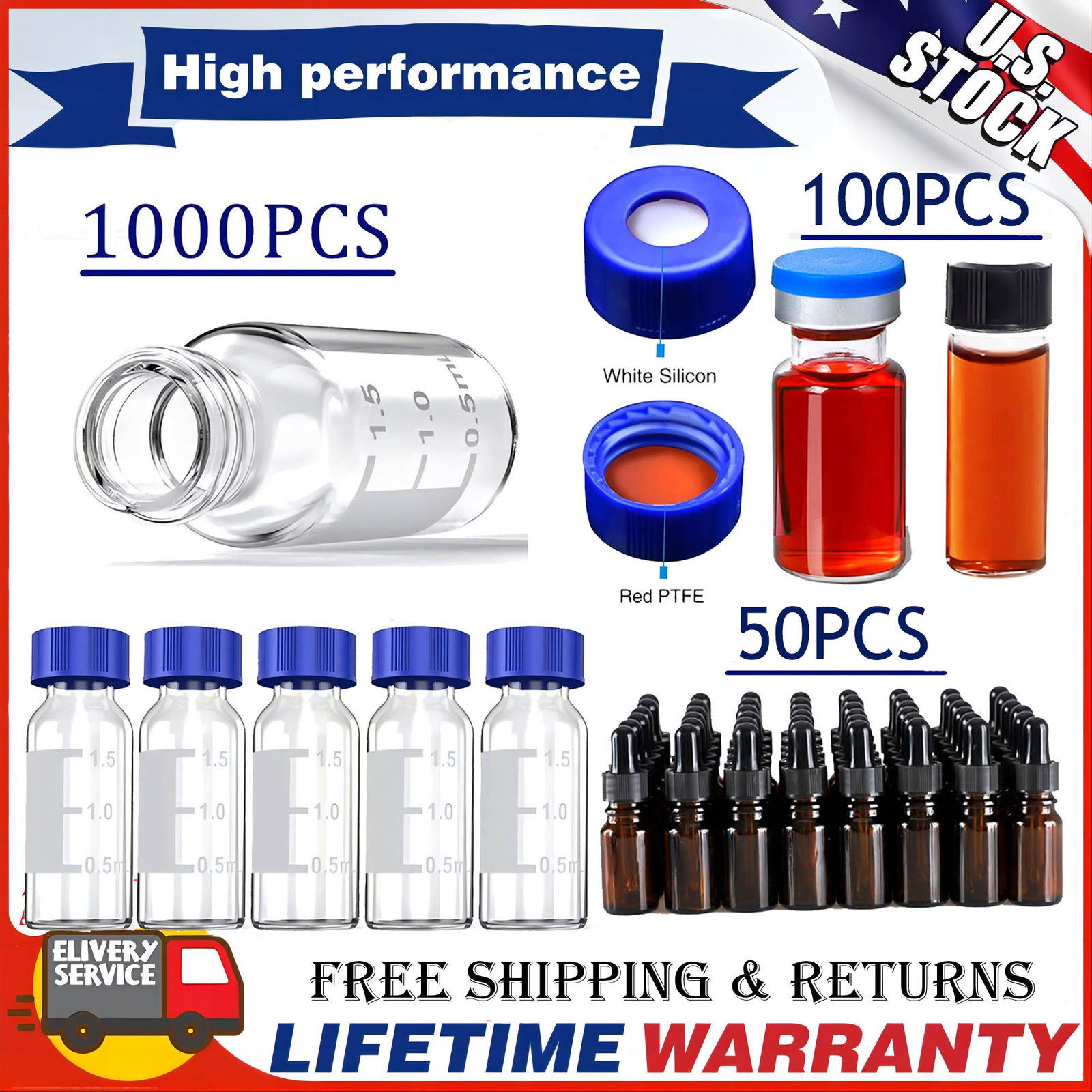 1000Pcs 2ml Autosampler Vials+4/10ml Clear Glass Vials+Amber Dropper Bottles NEW