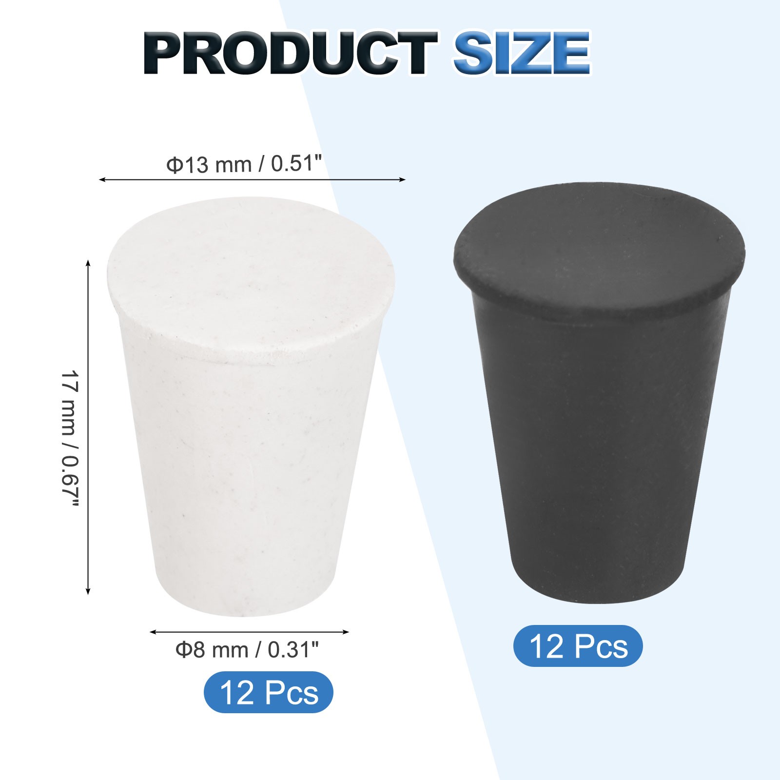 24 Pcs Solid Rubber Stopper Size 000#-13mm x 8mm – 17mm Long, Black/White