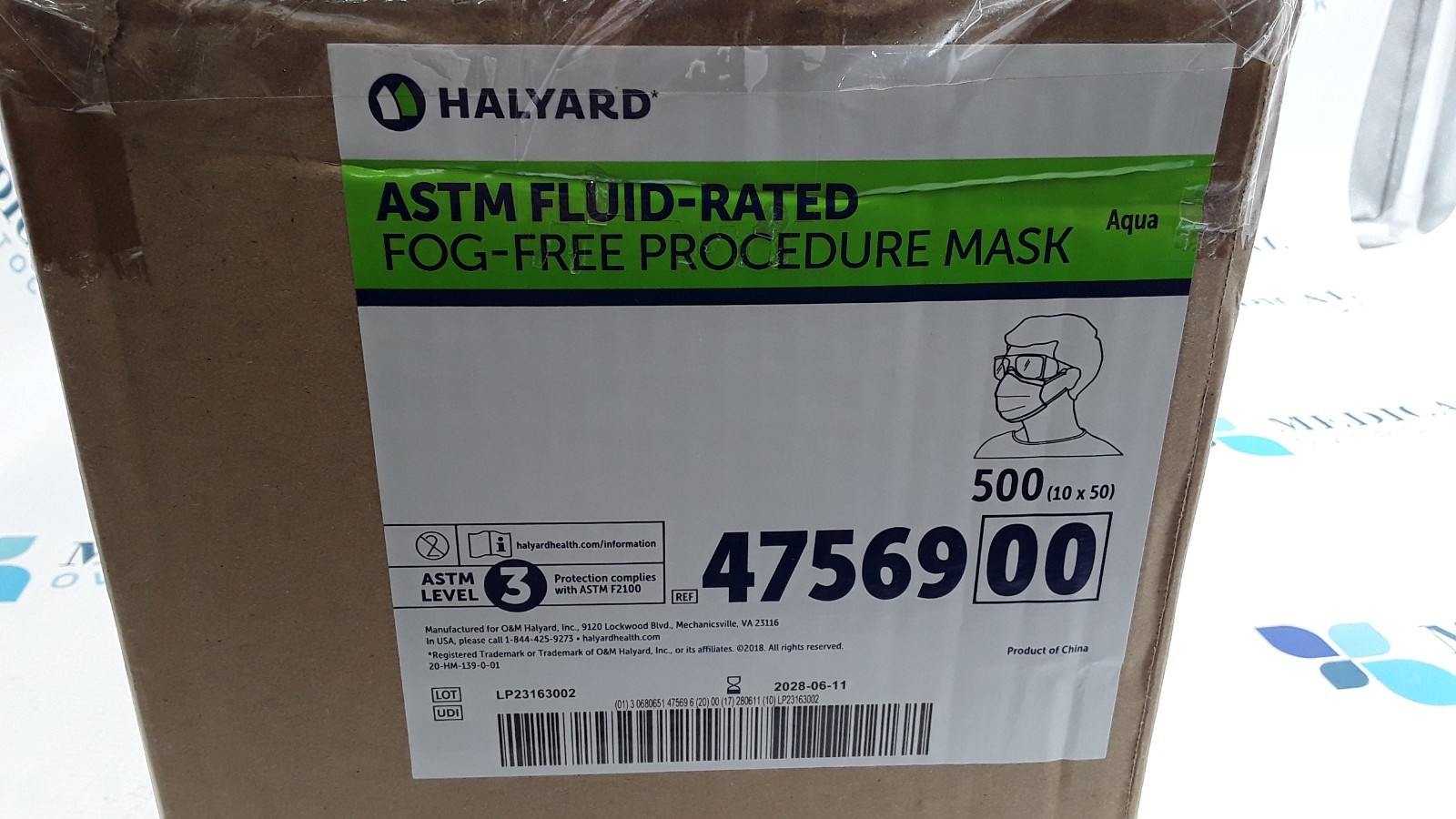 Halyard ASTM Level 3 Fluid Rated Fog Free Procedure Mask Aqua 47569 Case of 500