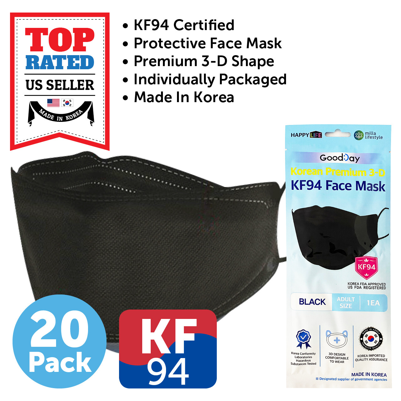 20 PCS KF94 BLACK Protective Safety Face Mask Adult Made in Korea KFDA Approved
