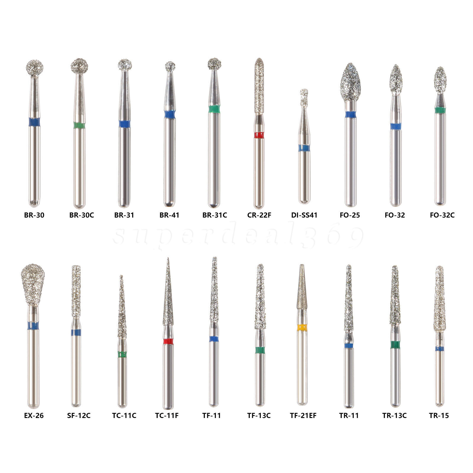 20Types 100Pcs Dental Diamond Burs Drills For High Speed Handpiece Medium FG BUR