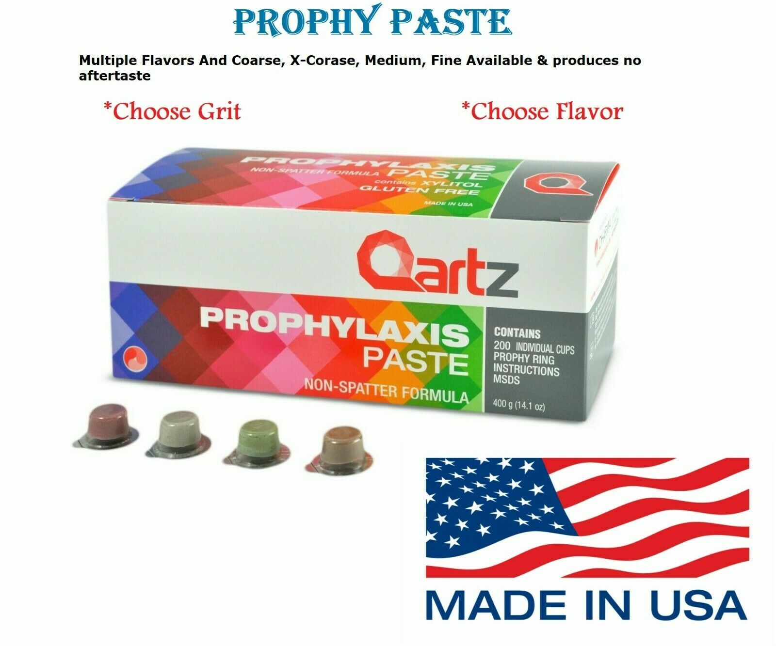 Quartz Prophy Paste Non-Splatter Formula w/ Xylitol (200 cups Per Box) 4 Boxes