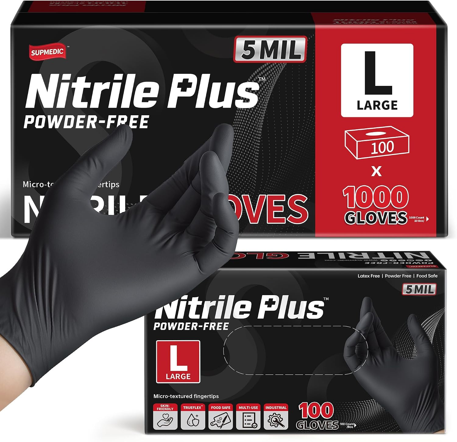 Supmedic Nitrile+ Disposable Exam Gloves, 5Mil Chemical Resistant Powder-Free Fo