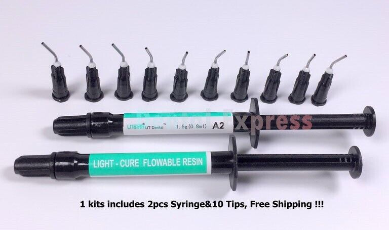 Dental Flowable Composite Flow Resin 2 Syringes Light Cure Resin A1 A2 A3 w/Tips