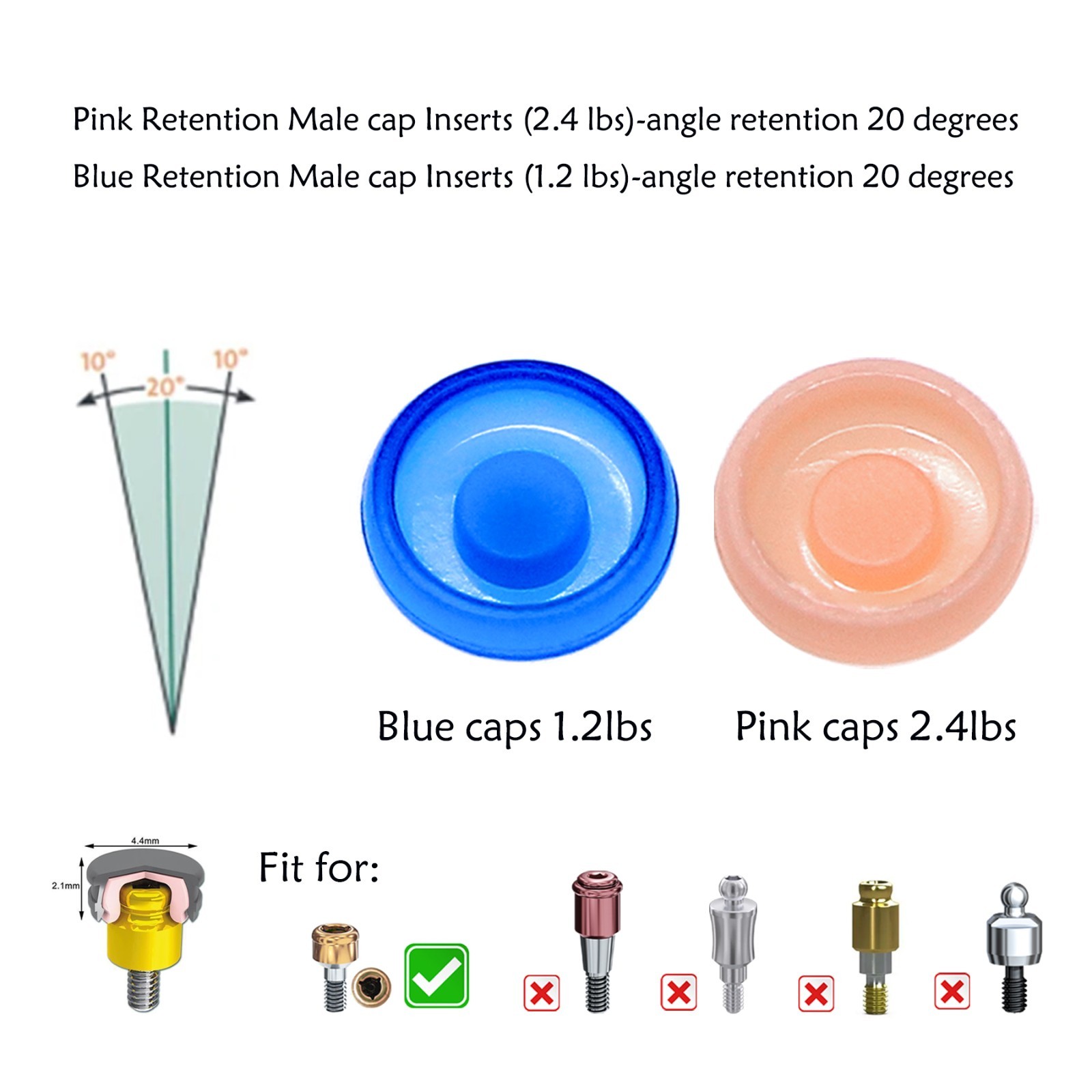 US Dental 5Pcs/set Overdenture Attachment Locator Retention Cap Male Cap Inserts
