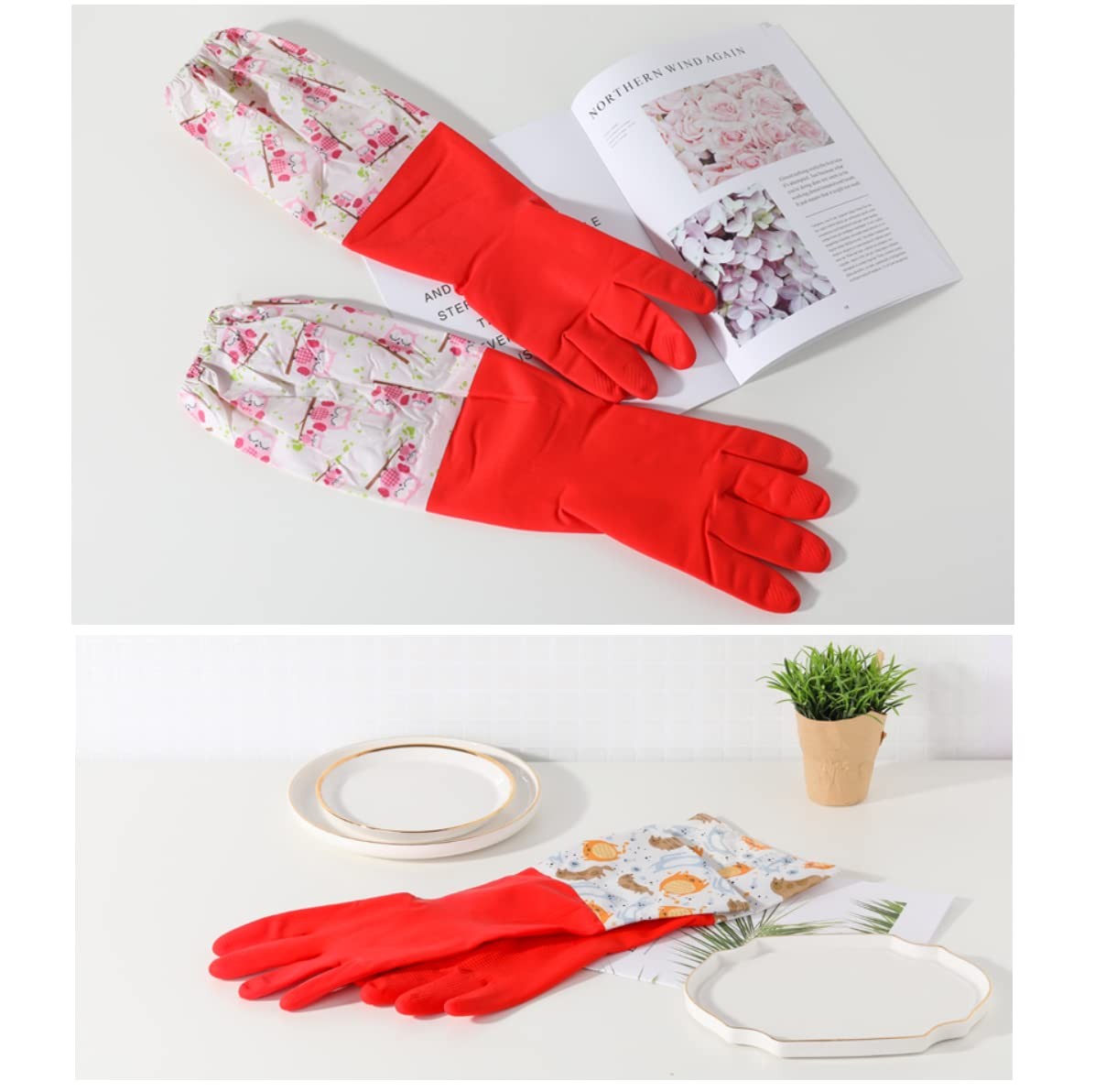 Fleece-lined, Long Cuff, Reusable Waterproof Household Dishwashing Non-Slip C…