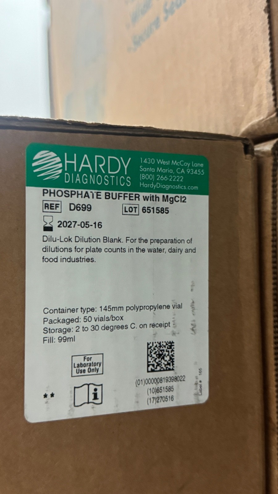 Hardy Diagnostics Phosphate Buffer with MgCl₂ (Dilu-Lok Dilution Blanks)