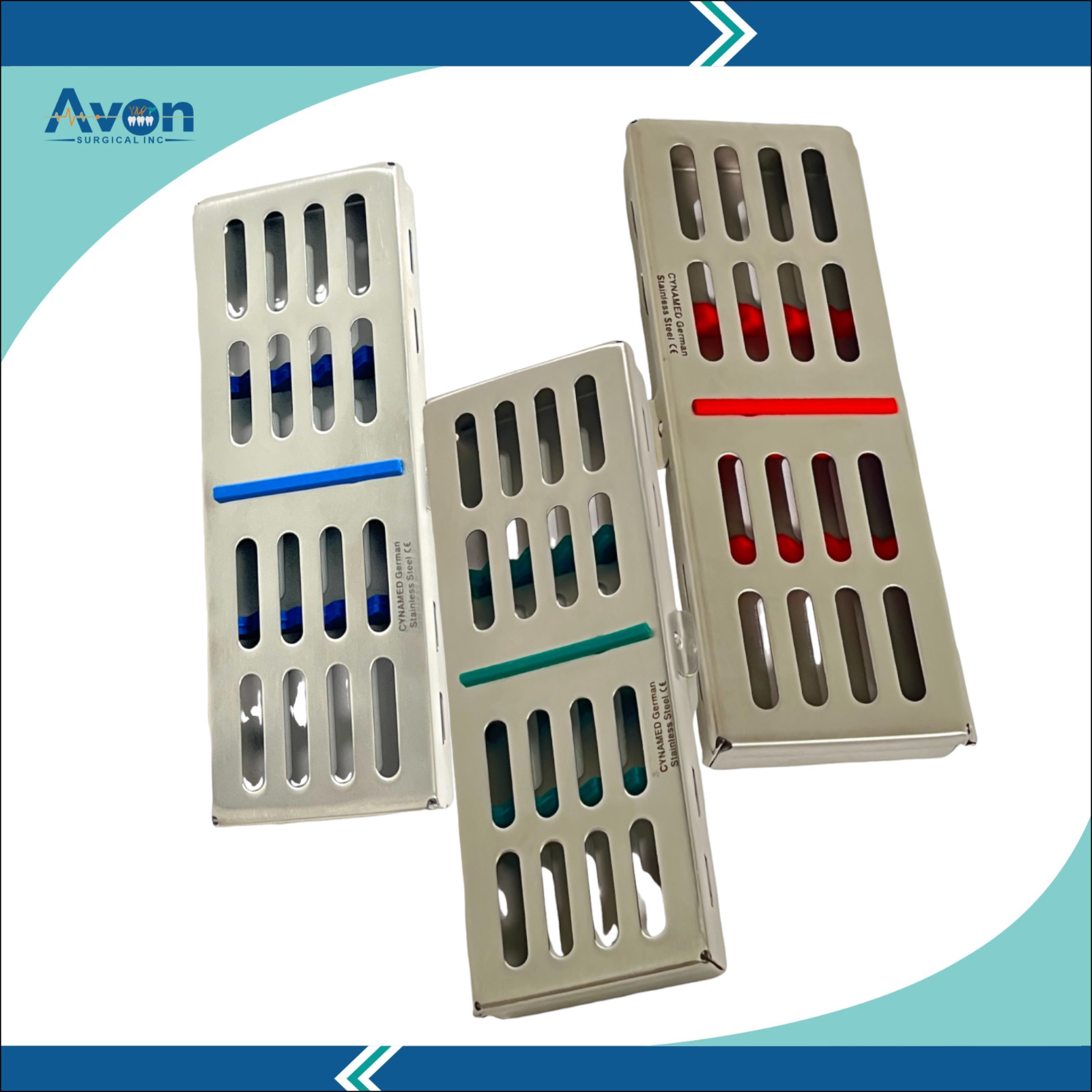 3 Pack – Sterilization Cassettes with Colored Silicone Inserts 7×2.5×0.75 Inches