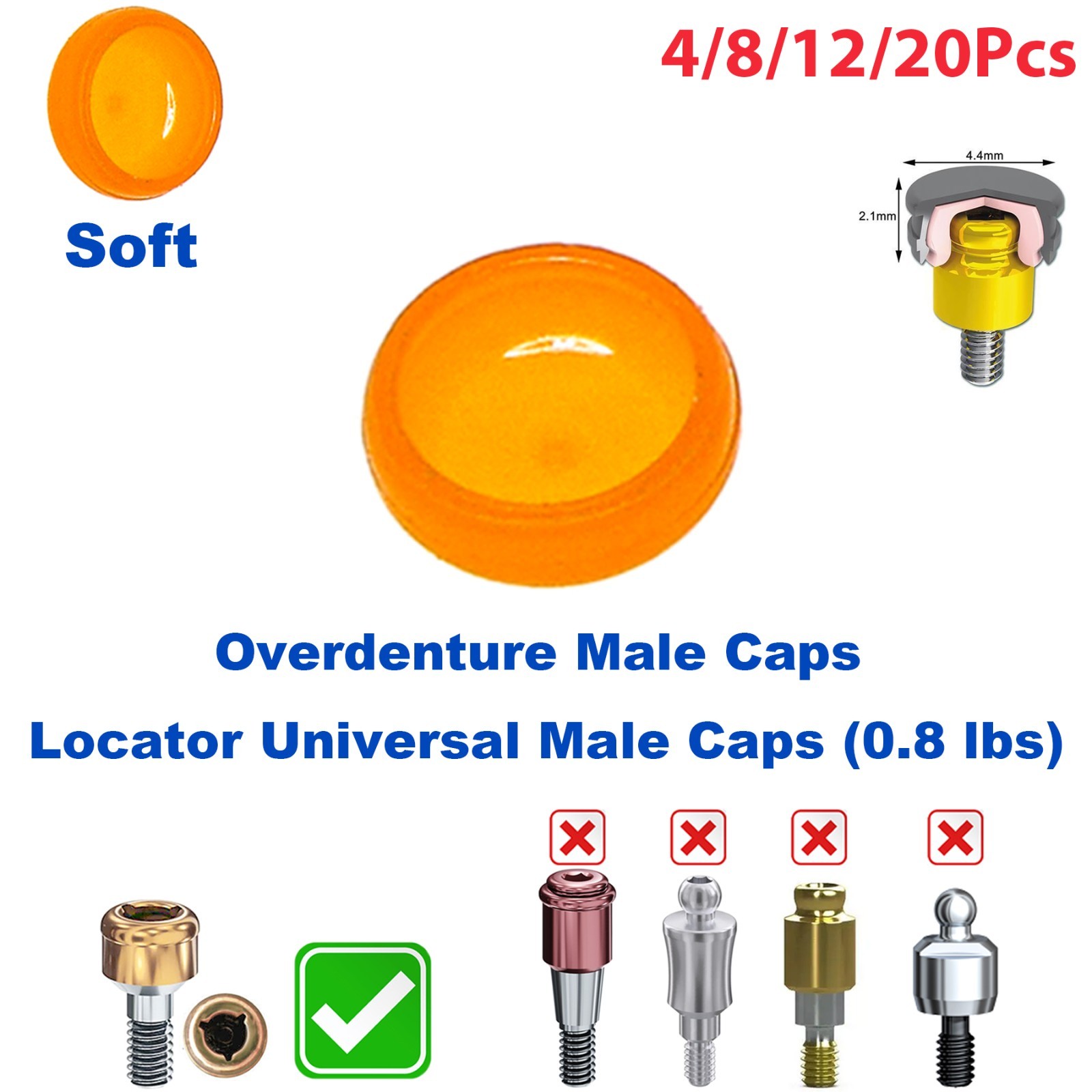 US Overdenture Locator Universal Implant Soft Retention Caps 0.8lbs Yellow Peek