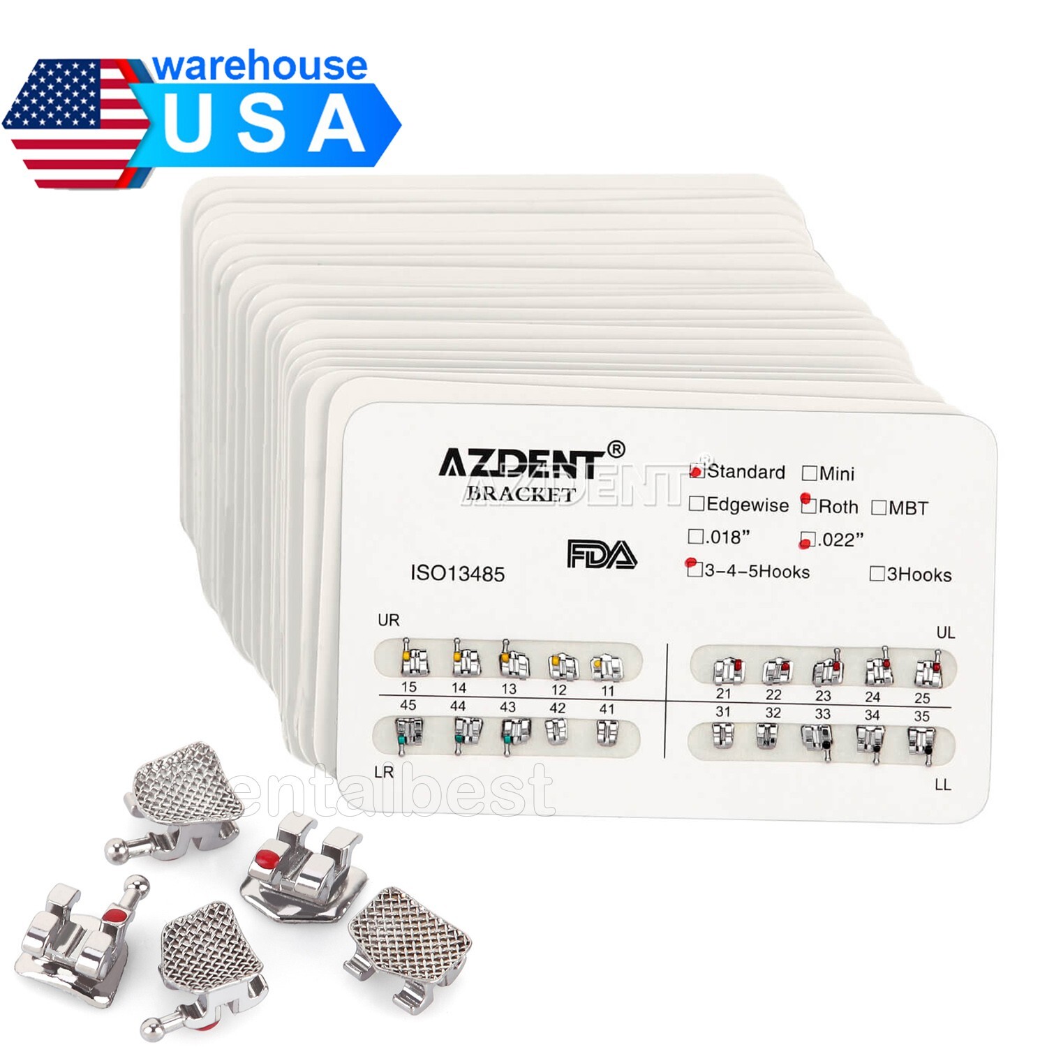 20X AZDENT Dental Orthodontic Brackets Braces Standard Roth Slot.022 Hooks 3-4-5