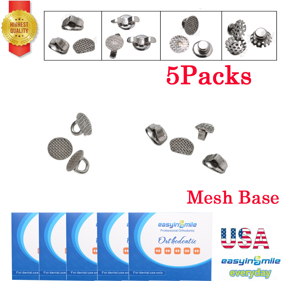 50Pcs Orthodontic Lingual Buttons Bondable 6Type Mesh Base Dental Brackets Tube